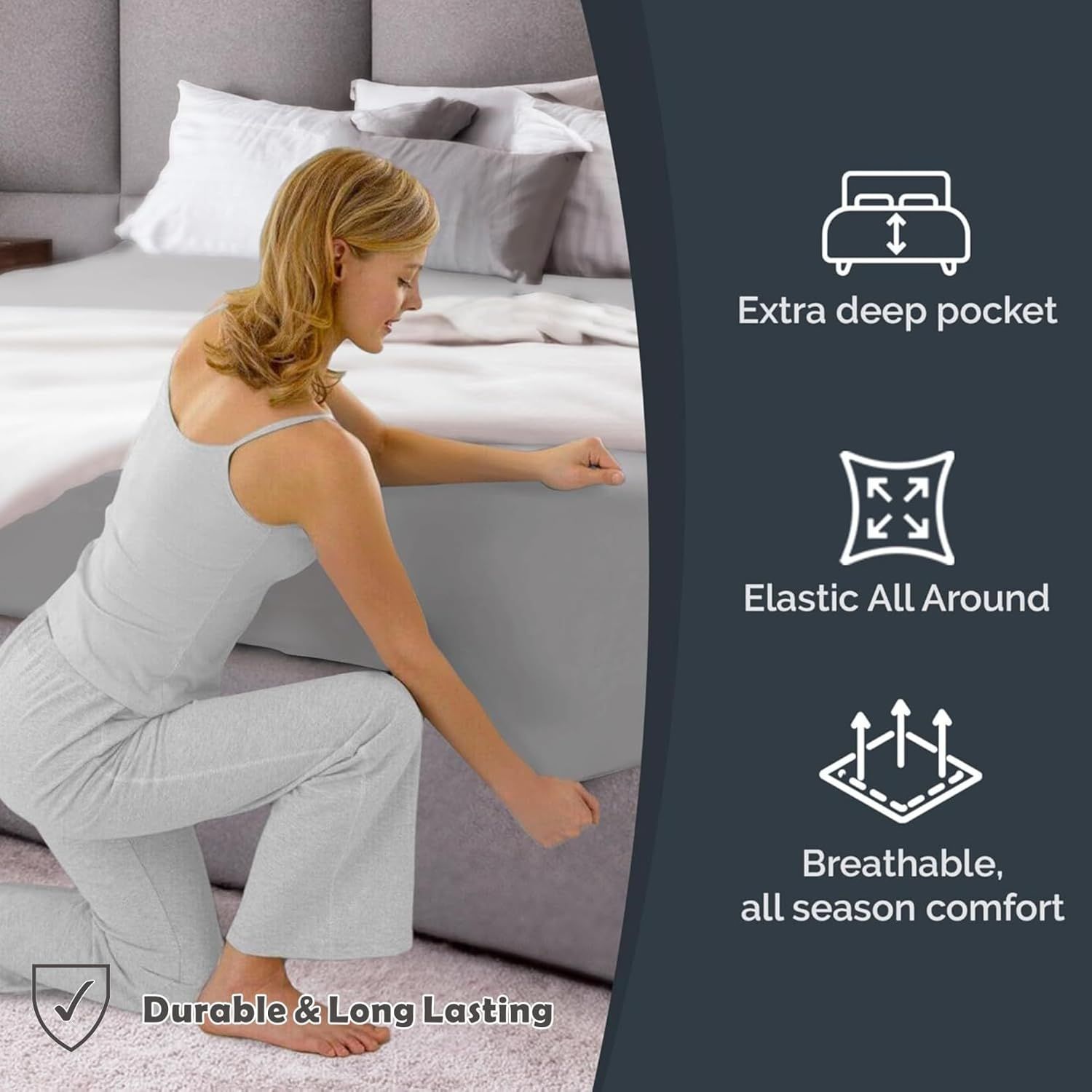 Hotel Quality Fitted Sheet - 1 Piece Fitted Sheet  -Breathable Bedding - Wrinkle, Fade, Stain Resistant- 16inch/40cm Deep Pocket Fitted Bed Sheet-Wrinkle and Fade Resistant,(Silver-gray,Super King) - Image 4