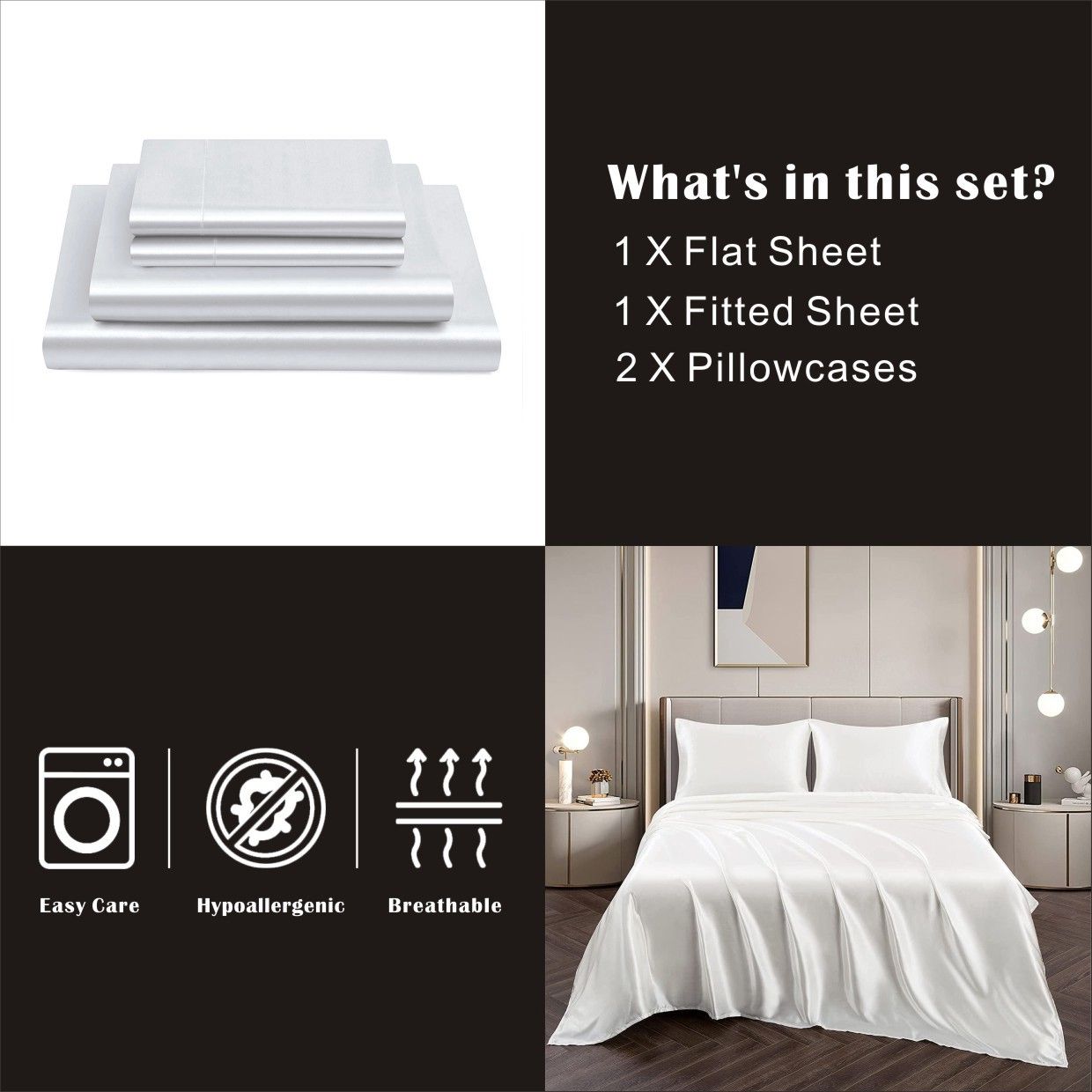 Art Silk Satin Sheet Set Hotel 4 Pieces Fitted/Flat Sheet Bedding Set-Luxury Soft Silky Sheets for Hair and Skin, Similar to Silk Bed Sheets Set 4 Pieces(Double,White) - Image 6