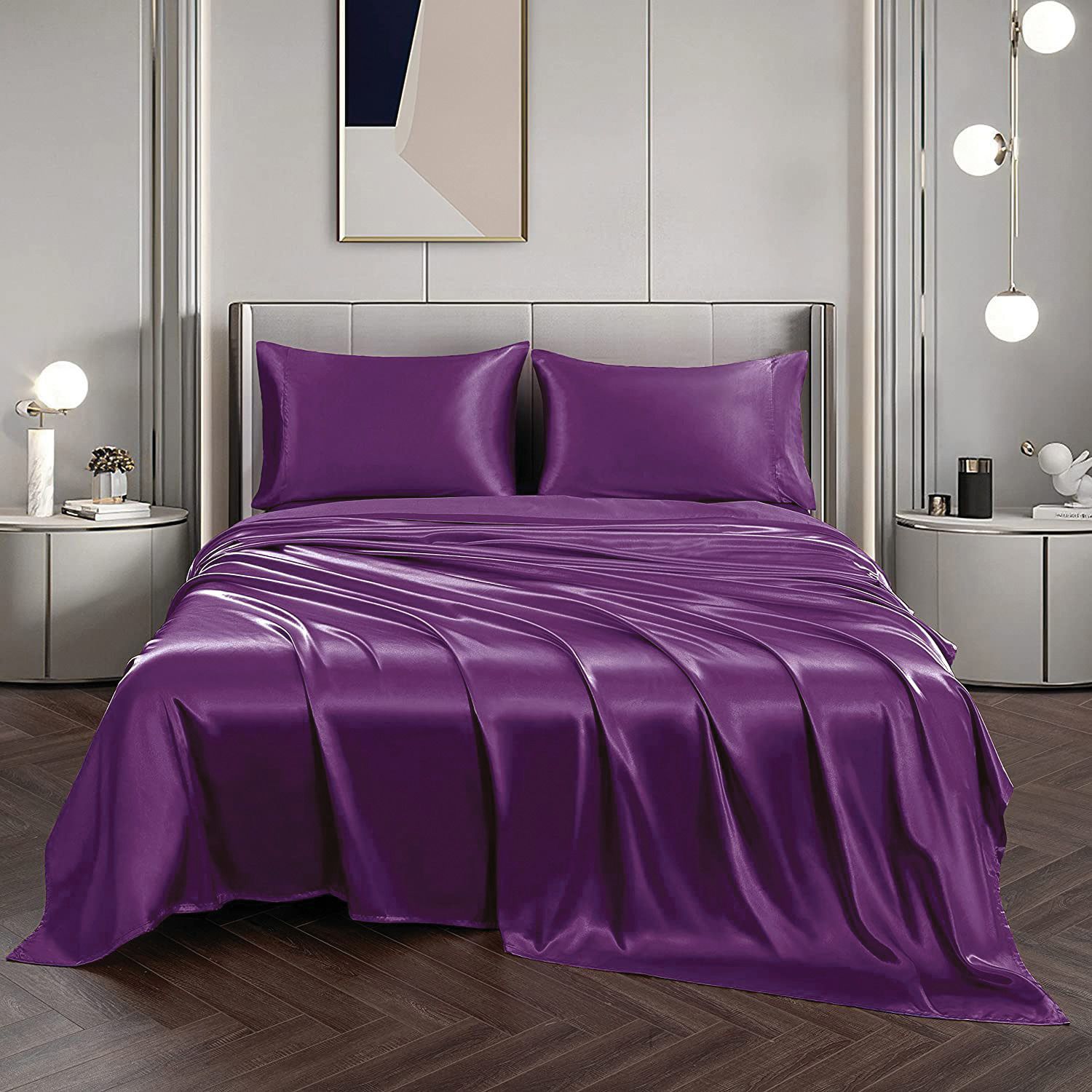 Art Silk Satin Sheet Set Hotel 4 Pieces Fitted/Flat Sheet Bedding Set-Luxury Soft Silky Sheets for Hair and Skin, Similar to Silk Bed Sheets Set 4 Pieces(Double,Purple) - Image 1