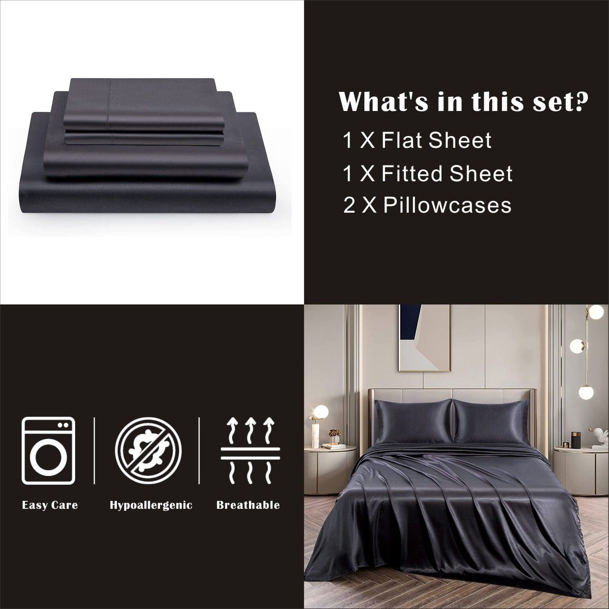 Art Silk Satin Sheet Set Hotel 3 Pieces Fitted/Flat Sheet Bedding Set-Luxury Soft Silky Sheets for Hair and Skin, Similar to Silk Bed Sheets Set 3 Pieces(King Single,Black) - Image 5