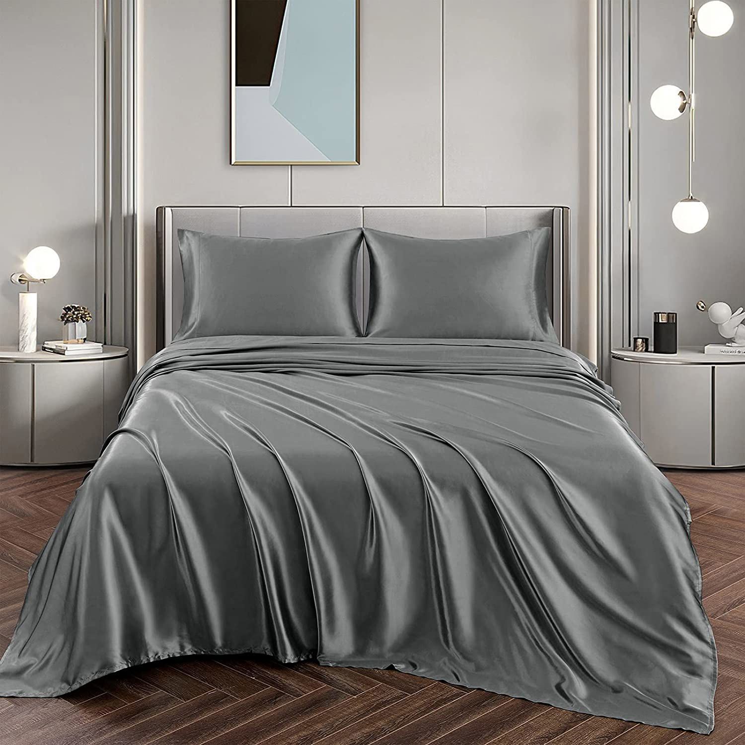Art Silk Satin Sheet Set Hotel 4 Pieces Fitted/Flat Sheet Bedding Set-Luxury Soft Silky Sheets for Hair and Skin, Similar to Silk Bed Sheets Set 4 Pieces(Queen,Grey) - Image 1