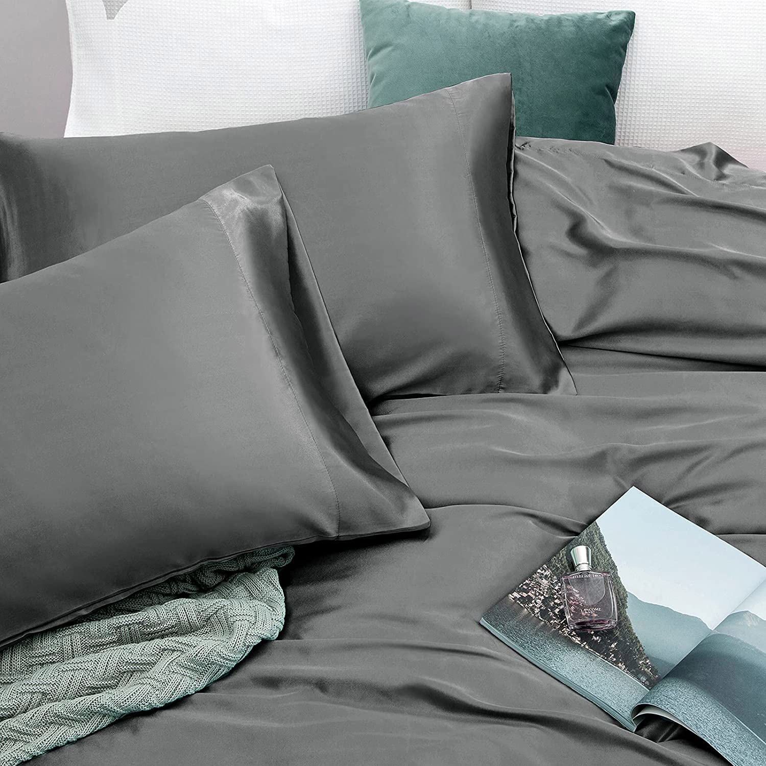Art Silk Satin Sheet Set Hotel 4 Pieces Fitted/Flat Sheet Bedding Set-Luxury Soft Silky Sheets for Hair and Skin, Similar to Silk Bed Sheets Set 4 Pieces(Queen,Grey) - Image 5