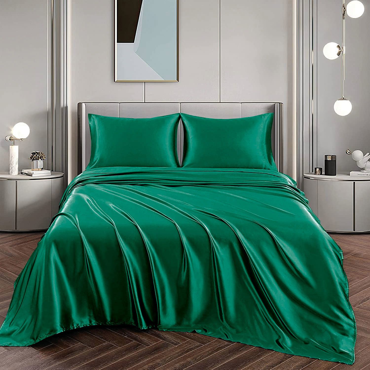 Art Silk Satin Sheet Set Hotel 4 Pieces Fitted/Flat Sheet Bedding Set-Luxury Soft Silky Sheets for Hair and Skin, Similar to Silk Bed Sheets Set 4 Pieces(Queen,Green) - Image 1