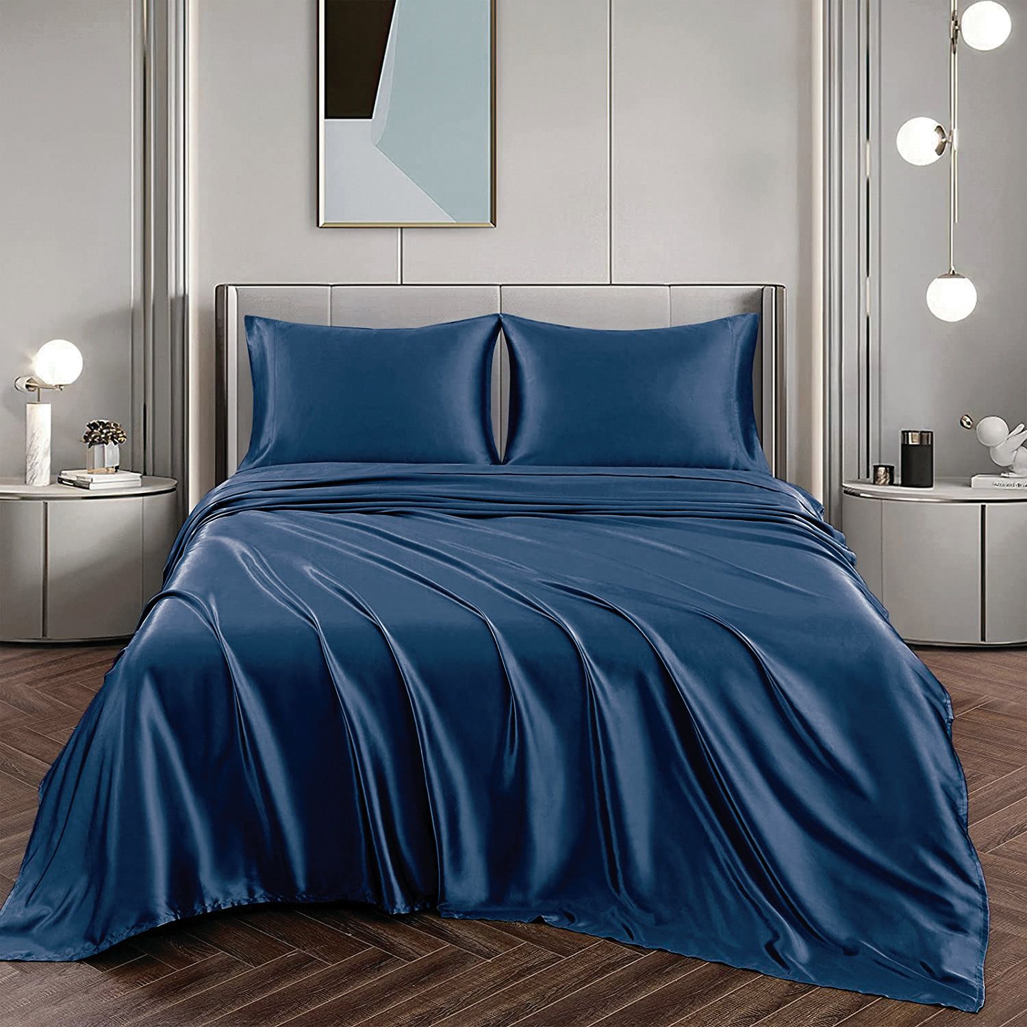 Art Silk Satin Sheet Set Hotel 4 Pieces Fitted/Flat Sheet Bedding Set-Luxury Soft Silky Sheets for Hair and Skin, Similar to Silk Bed Sheets Set 4 Pieces(Queen,Navy) - Image 1