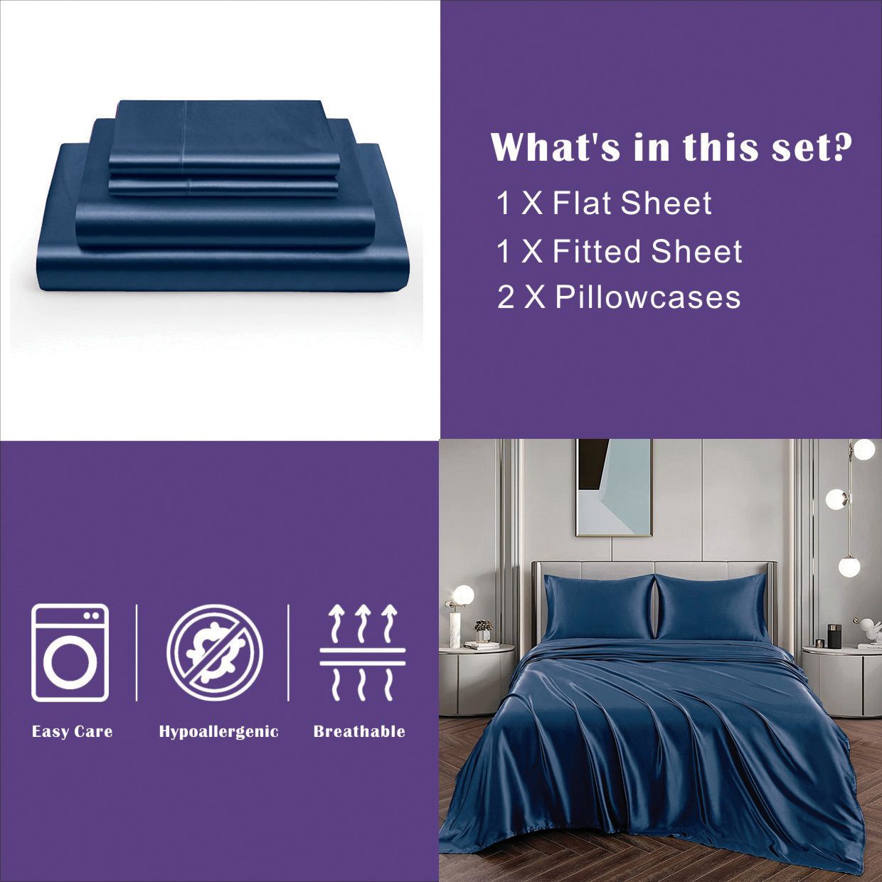 Art Silk Satin Sheet Set Hotel 4 Pieces Fitted/Flat Sheet Bedding Set-Luxury Soft Silky Sheets for Hair and Skin, Similar to Silk Bed Sheets Set 4 Pieces(Queen,Navy) - Image 6