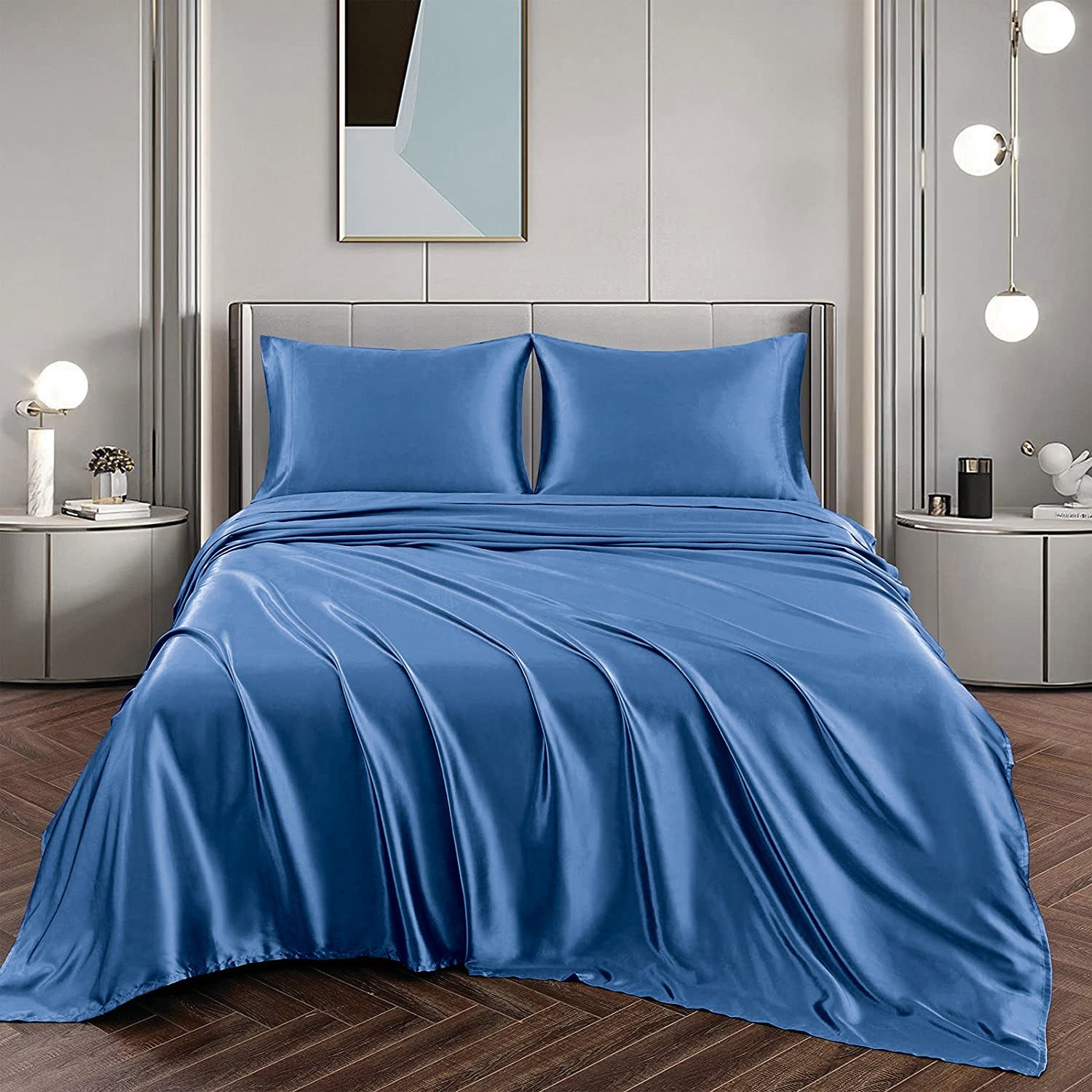 Art Silk Satin Sheet Set Hotel 4 Pieces Fitted/Flat Sheet Bedding Set-Luxury Soft Silky Sheets for Hair and Skin, Similar to Silk Bed Sheets Set 4 Pieces(Super King,Ocean) - Image 1