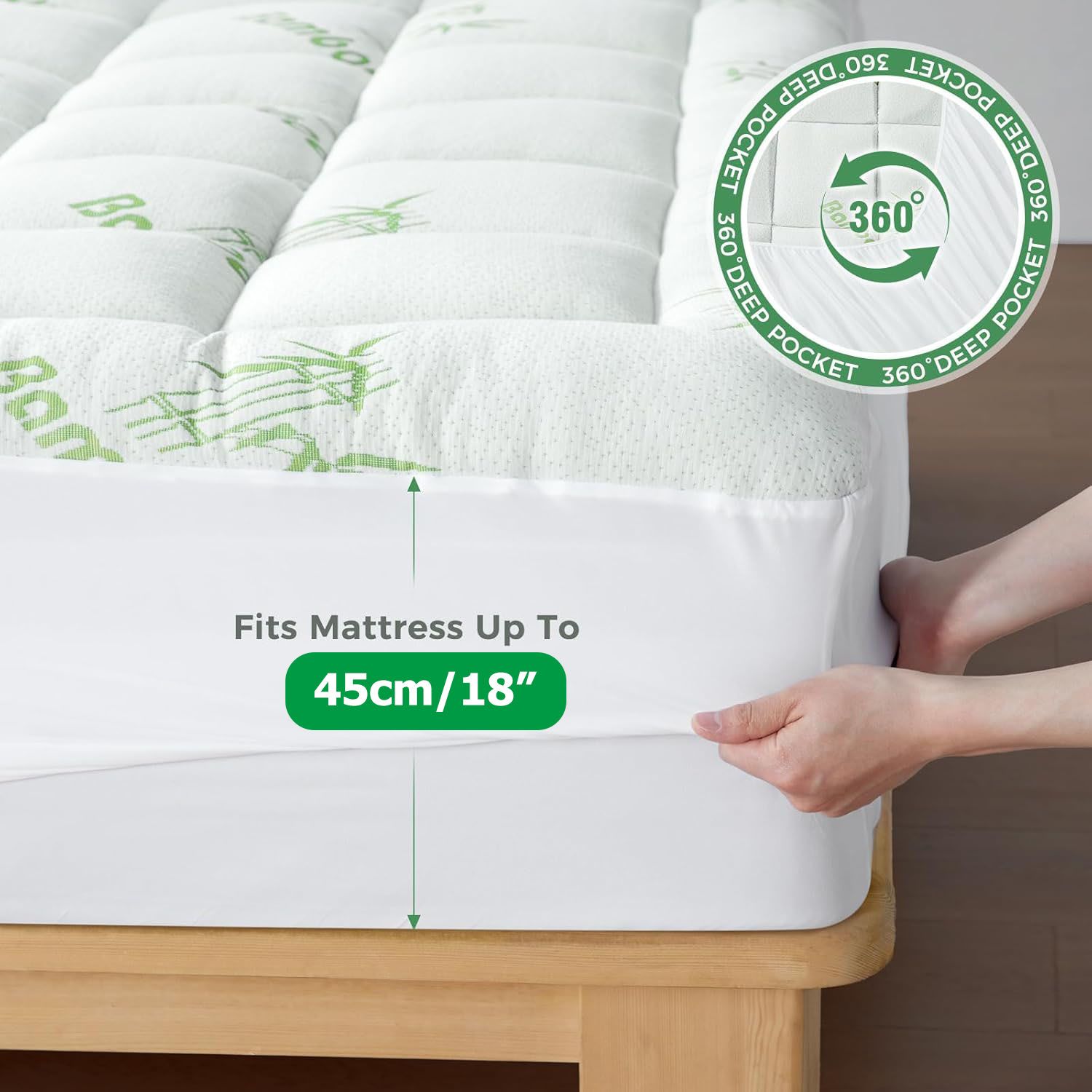 800GSM Mattress Topper Viscose Derived from Bamboo, Thick Pillowtop Fitted Mattress Cover with 45cm Deep Skirt - Machine Washable Hypoallergenic(Double,Green) - Image 7