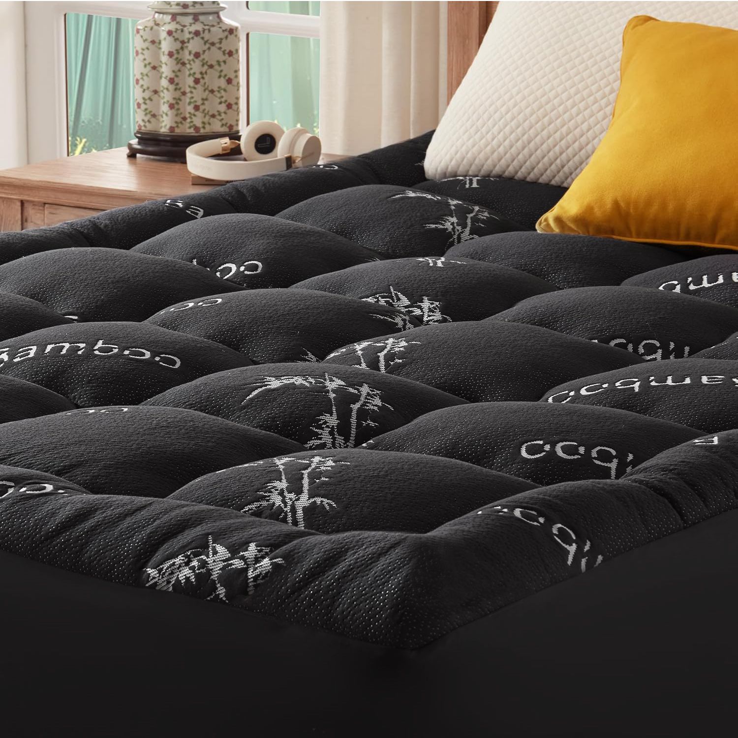 800GSM Mattress Topper Viscose Derived from Bamboo, Thick Pillowtop Fitted Mattress Cover with 45cm Deep Skirt - Machine Washable Hypoallergenic（King Single,Black） - Image 8