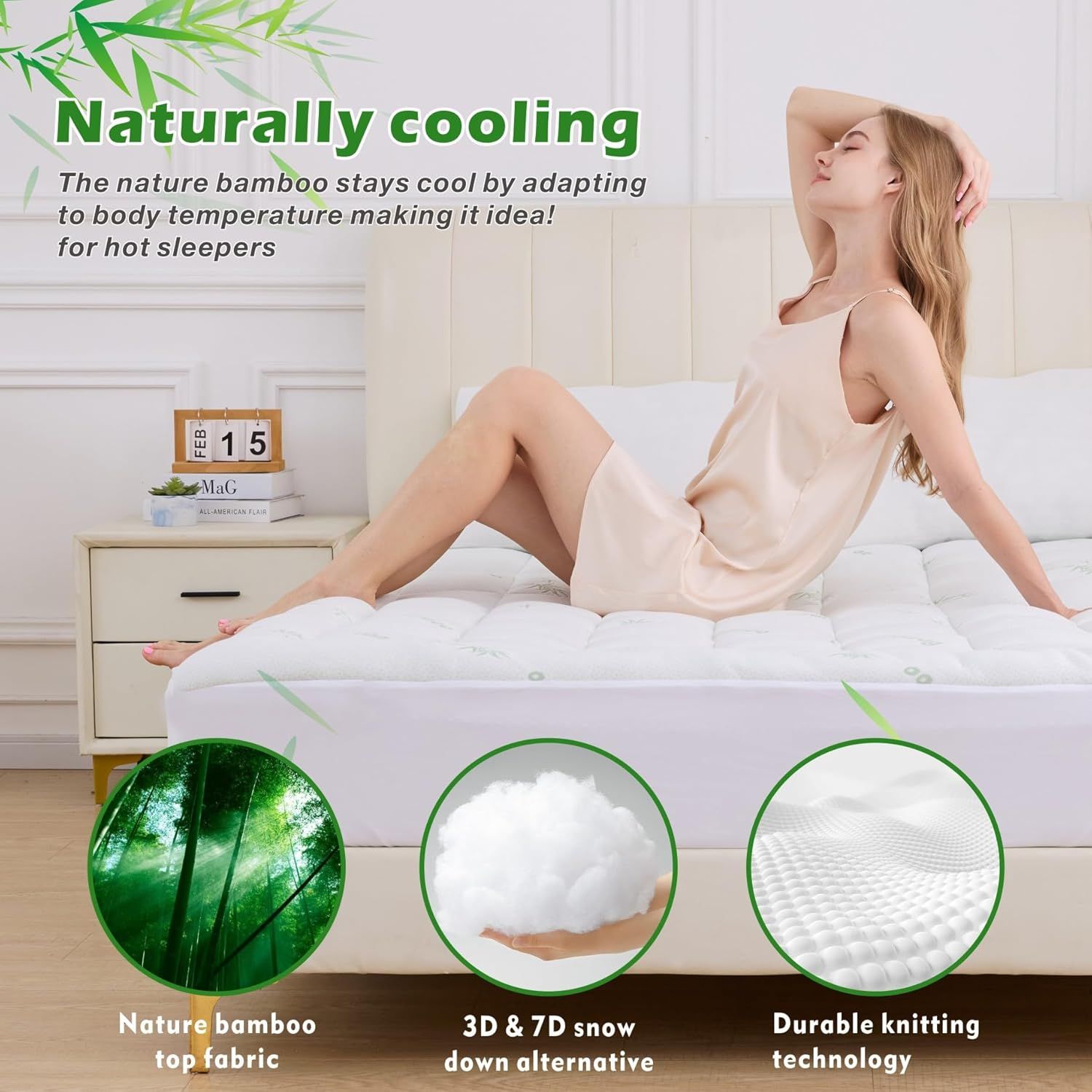 800GSM Mattress Topper Viscose Derived from Bamboo, Thick Pillowtop Fitted Mattress Cover with 45cm Deep Skirt - Machine Washable Hypoallergenic(Queen,,Green) - Image 4