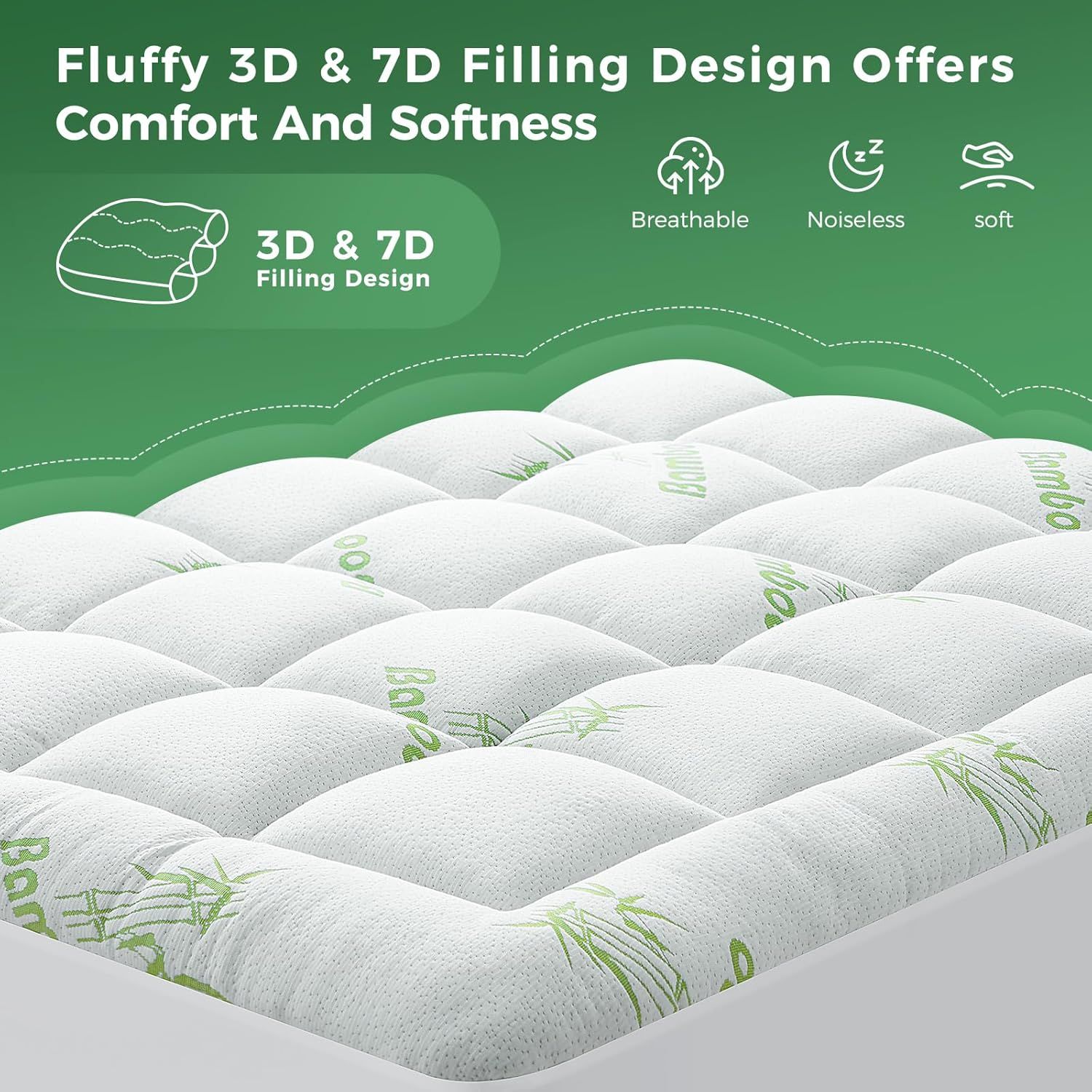 800GSM Mattress Topper Viscose Derived from Bamboo, Thick Pillowtop Fitted Mattress Cover with 45cm Deep Skirt - Machine Washable Hypoallergenic(Super King,Green) - Image 5