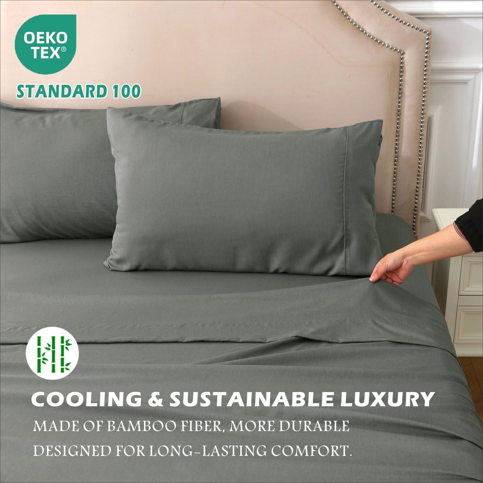 4 Piece Hotel Bamboo Cooling Sheet Set -Ultra Soft 2000TC Breathable Bed Sheets Set with 37 Centimetre Deep Pocket-Cooling Sheets for Hot Sleepers(Grey,King) - Image 6