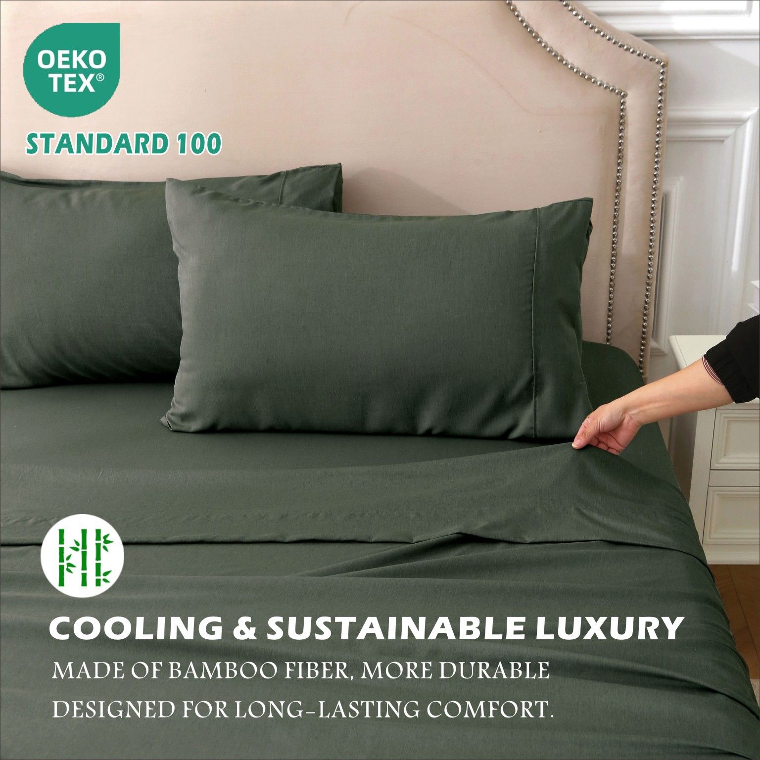 4 Piece Hotel Bamboo Cooling Sheet Set -Ultra Soft 2000TC Breathable Bed Sheets Set with 37 Centimetre Deep Pocket-Cooling Sheets for Hot Sleepers(Olive green,King) - Image 5