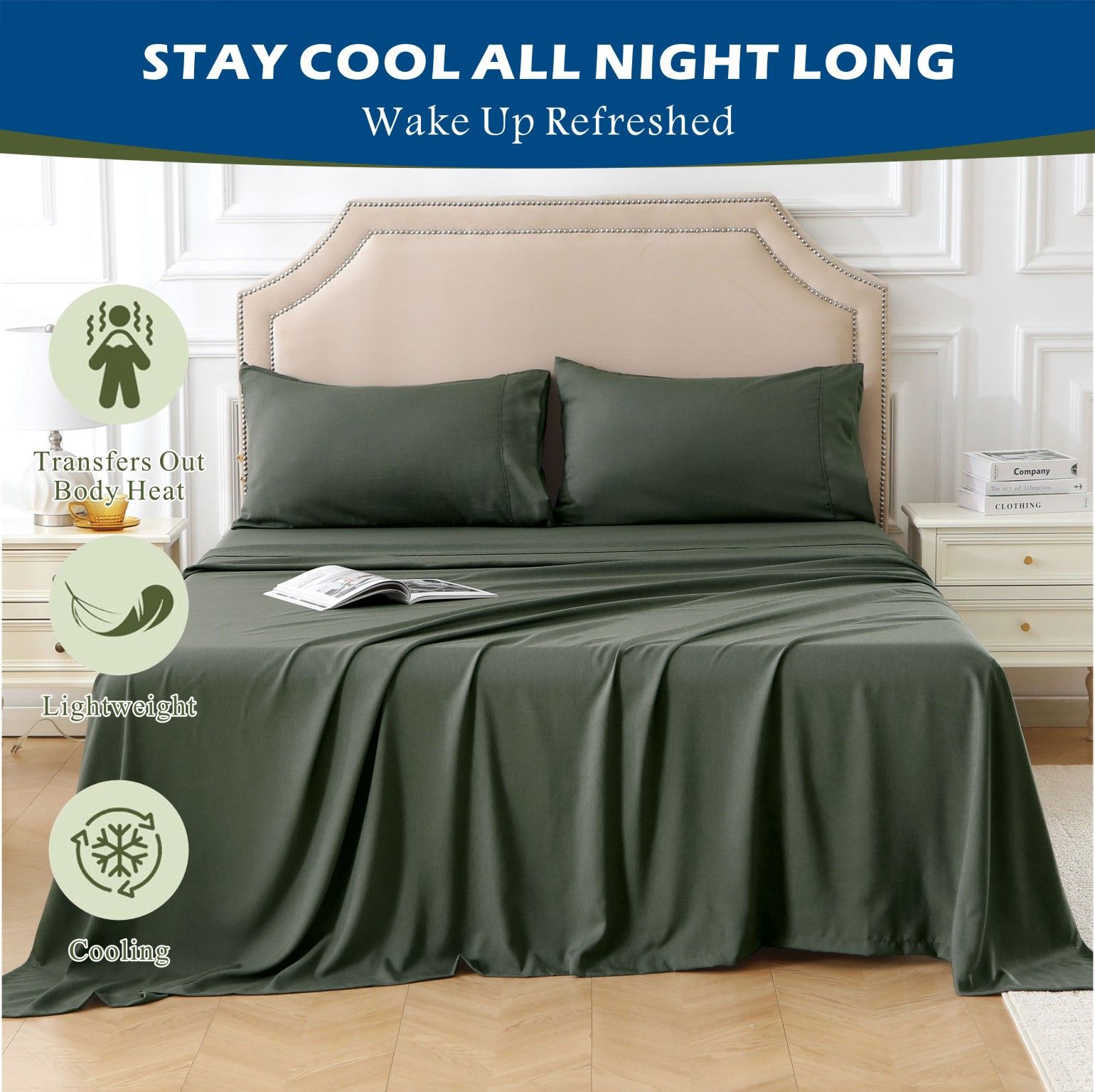 4 Piece Hotel Bamboo Cooling Sheet Set -Ultra Soft 2000TC Breathable Bed Sheets Set with 37 Centimetre Deep Pocket-Cooling Sheets for Hot Sleepers(Olive green,King) - Image 6
