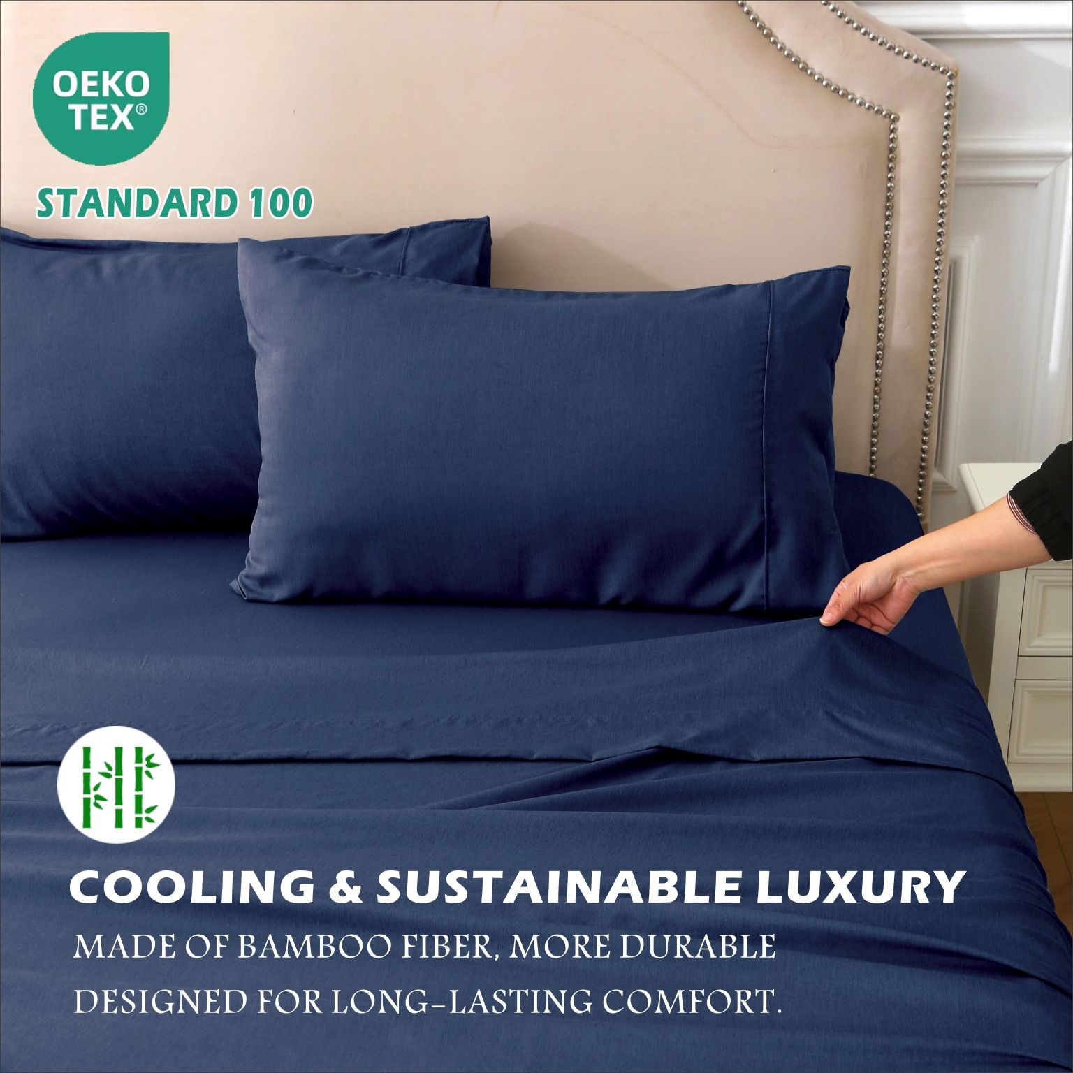 4 Piece Hotel Bamboo Cooling Sheet Set -Ultra Soft 2000TC Breathable Bed Sheets Set with 37 Centimetre Deep Pocket-Cooling Sheets for Hot Sleepers(Navy,King) - Image 6