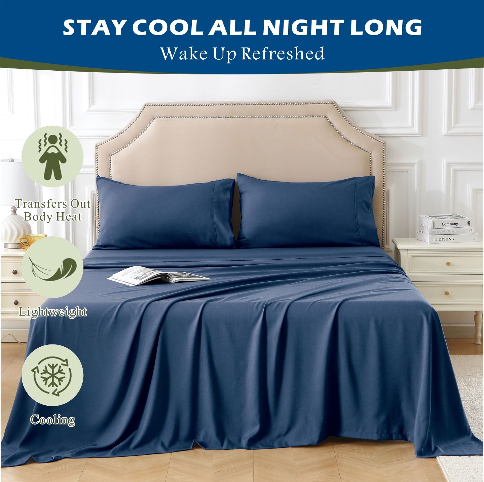 4 Piece Hotel Bamboo Cooling Sheet Set -Ultra Soft 2000TC Breathable Bed Sheets Set with 37 Centimetre Deep Pocket-Cooling Sheets for Hot Sleepers(Navy,King) - Image 7