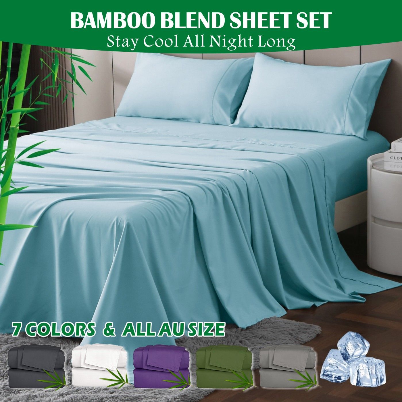 4 Piece Hotel Bamboo Cooling Sheet Set -Ultra Soft 2000TC Breathable Bed Sheets Set with 37 Centimetre Deep Pocket-Cooling Sheets for Hot Sleepers(Sky Blue,King) - Image 1