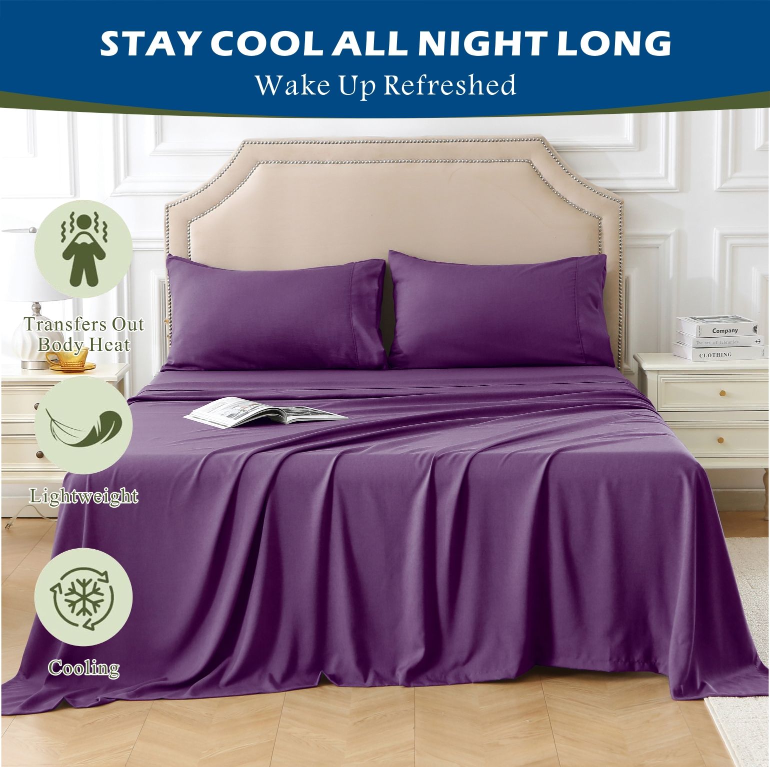 4 Piece Hotel Bamboo Cooling Sheet Set -Ultra Soft 2000TC Breathable Bed Sheets Set with 37 Centimetre Deep Pocket-Cooling Sheets for Hot Sleepers(Purple,King) - Image 7