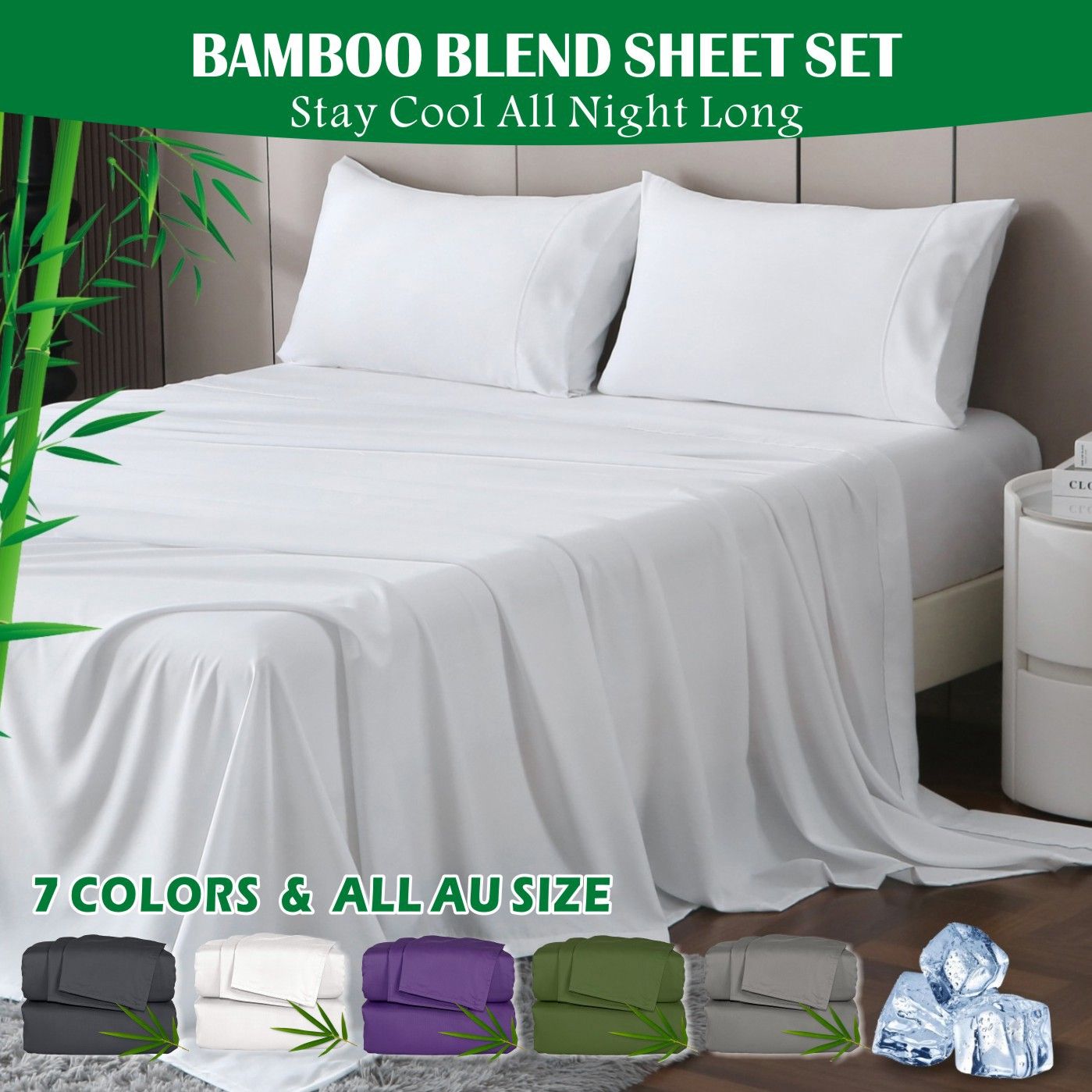 3 Piece Hotel Bamboo Cooling Sheet Set -Ultra Soft 2000TC Breathable Bed Sheets Set with 37 Centimetre Deep Pocket-Cooling Sheets for Hot Sleepers(White,King Single) - Image 1