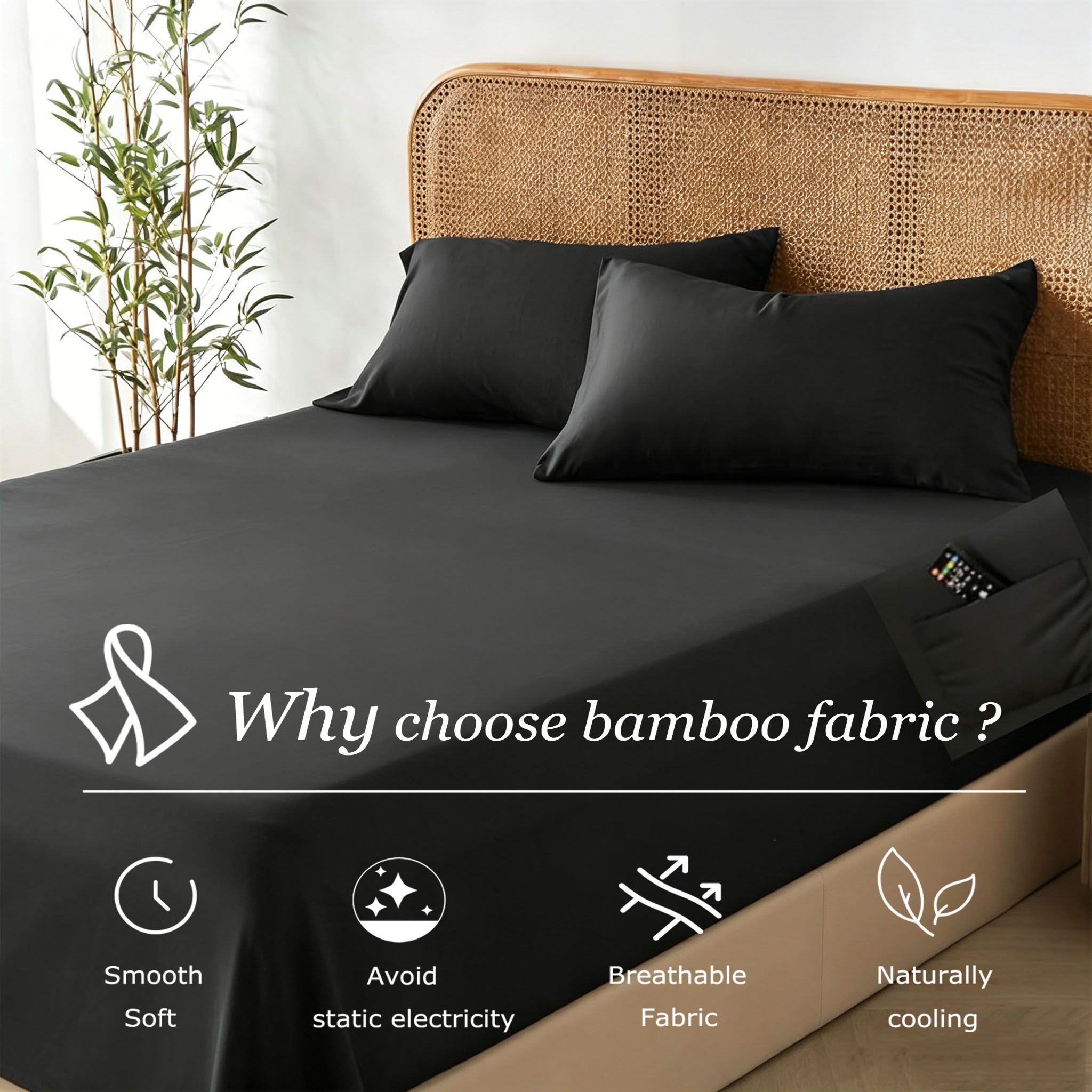 3 Piece Hotel Bamboo Cooling Fitted Sheet Set & Pillowcase -Ultra Soft 2000TC Breathable Fitted Bed Sheets Set with 37 Centimetre Deep Pocket-Cooling Sheets for Hot Sleepers(Black,Queen) - Image 3