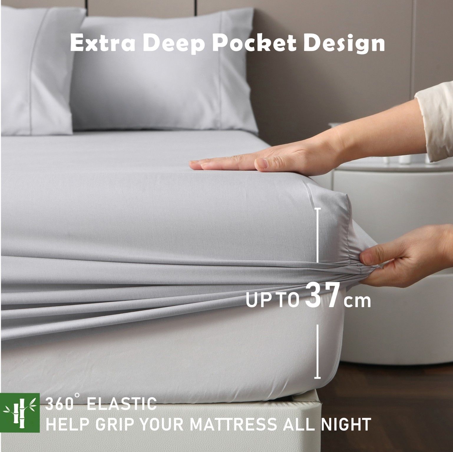3 Piece Hotel Bamboo Cooling Fitted Sheet Set & Pillowcase -Ultra Soft 2000TC Breathable Fitted Bed Sheets Set with 37 Centimetre Deep Pocket-Cooling Sheets for Hot Sleepers(Silver-gray,Queen) - Image 4