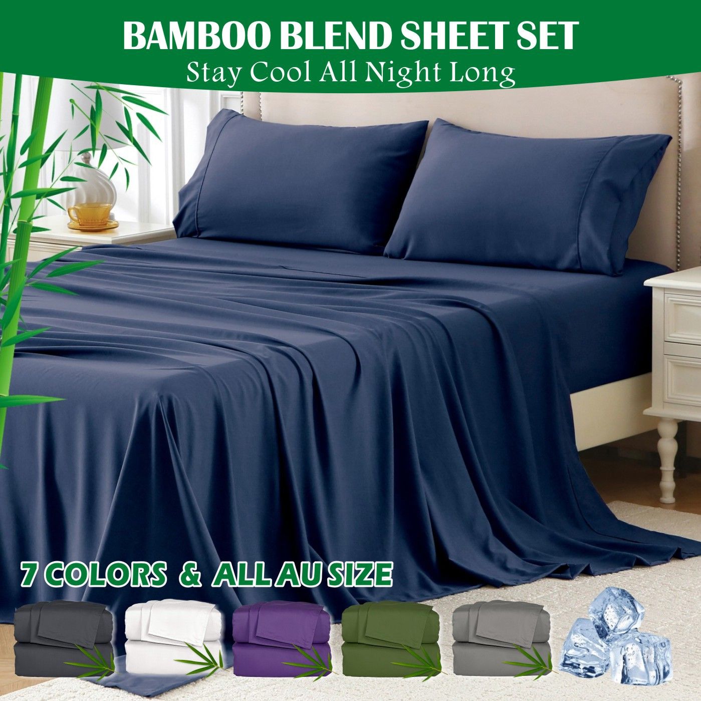 4 Piece Hotel Bamboo Cooling Sheet Set -Ultra Soft 2000TC Breathable Bed Sheets Set with 37 Centimetre Deep Pocket-Cooling Sheets for Hot Sleepers(Navy,Queen) - Image 1