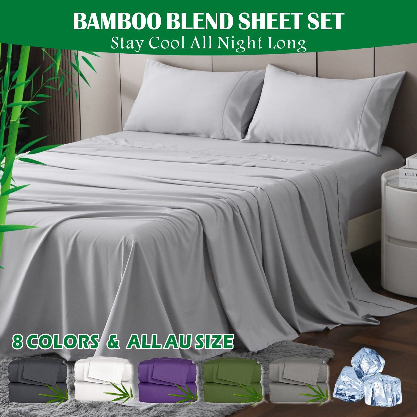 3 Piece Hotel Bamboo Cooling Sheet Set -Ultra Soft 2000TC Breathable Bed Sheets Set with 37 Centimetre Deep Pocket-Cooling Sheets for Hot Sleepers(Silver-gray,Single) - Image 1