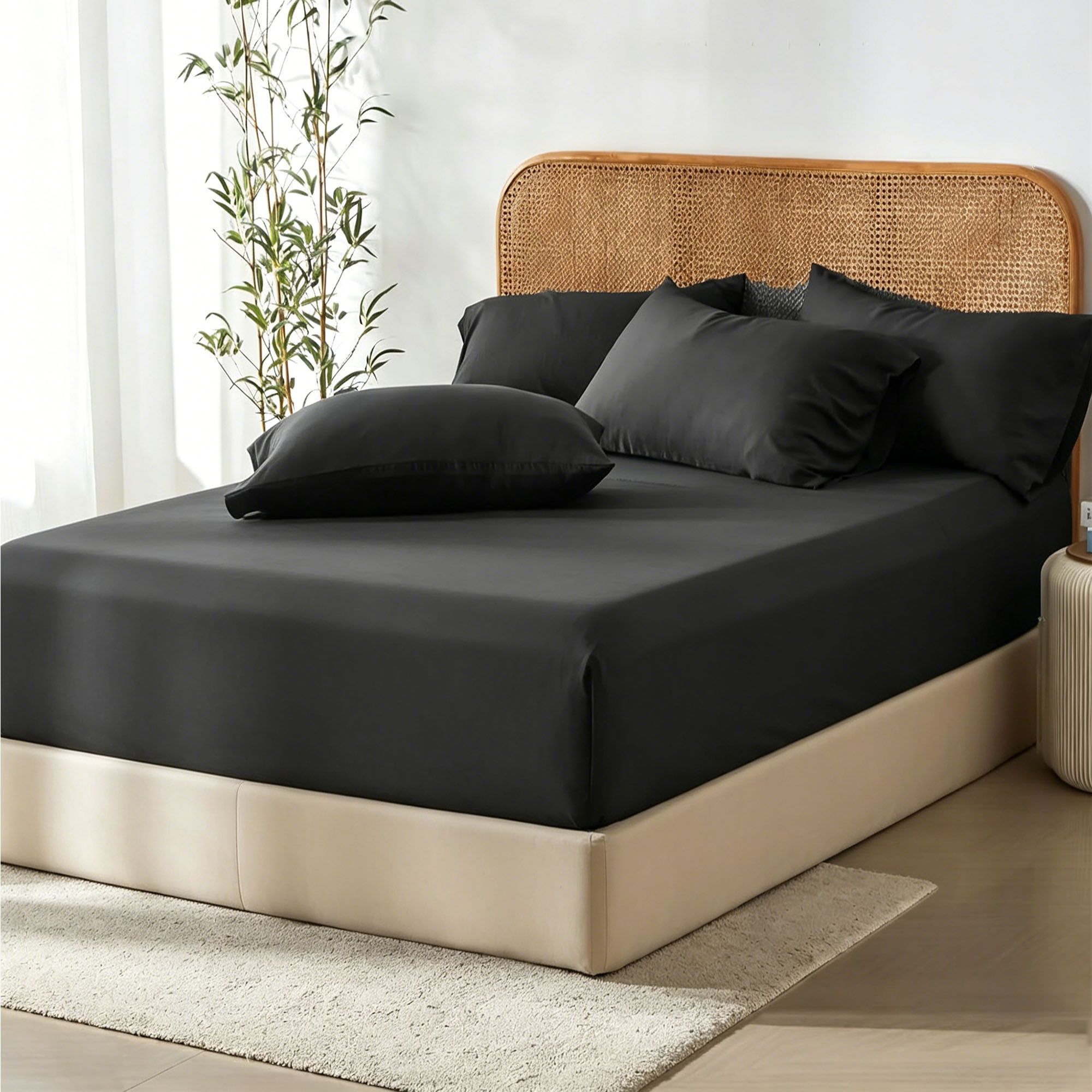 3 Piece Hotel Bamboo Cooling Fitted Sheet Set & Pillowcase -Ultra Soft 2000TC Breathable Fitted Bed Sheets Set with 37 Centimetre Deep Pocket-Cooling Sheets for Hot Sleepers(Black,Super King) - Image 1