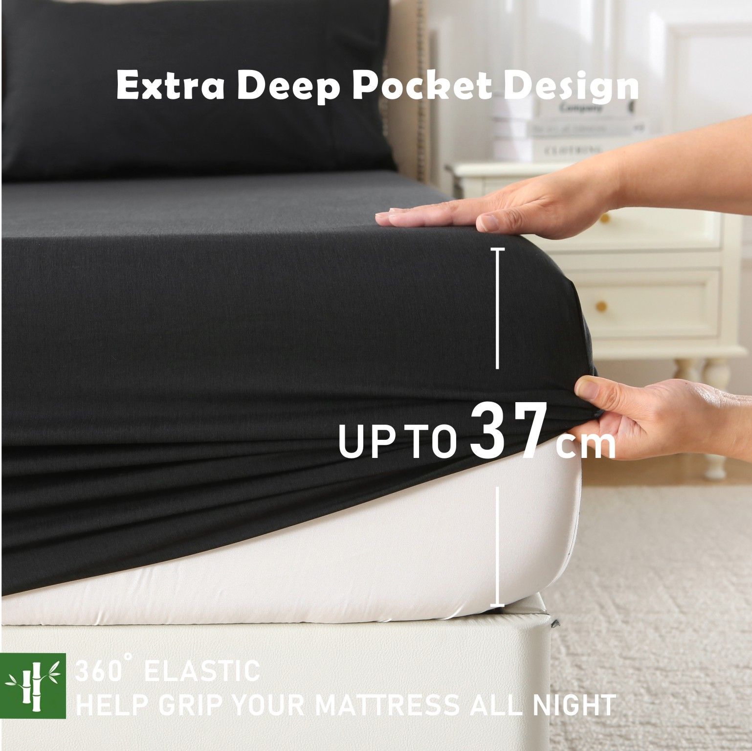 3 Piece Hotel Bamboo Cooling Fitted Sheet Set & Pillowcase -Ultra Soft 2000TC Breathable Fitted Bed Sheets Set with 37 Centimetre Deep Pocket-Cooling Sheets for Hot Sleepers(Black,Super King) - Image 4