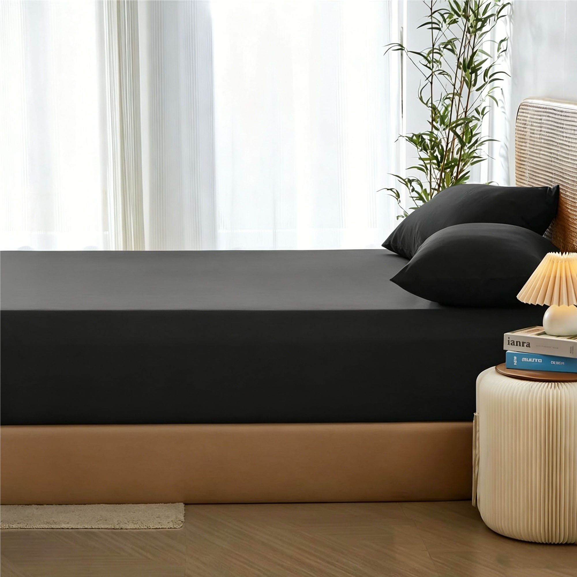 3 Piece Hotel Bamboo Cooling Fitted Sheet Set & Pillowcase -Ultra Soft 2000TC Breathable Fitted Bed Sheets Set with 37 Centimetre Deep Pocket-Cooling Sheets for Hot Sleepers(Black,Super King) - Image 6
