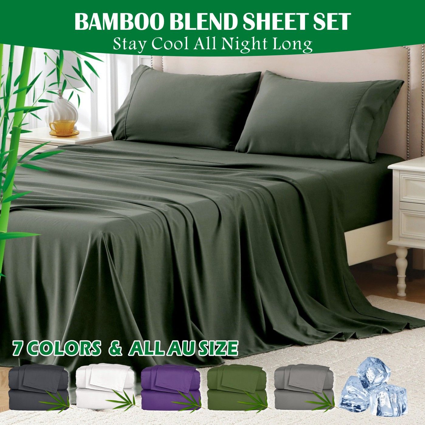 4 Piece Hotel Bamboo Cooling Sheet Set -Ultra Soft 2000TC Breathable Bed Sheets Set with 37 Centimetre Deep Pocket-Cooling Sheets for Hot Sleepers(Olive green,Super King) - Image 1