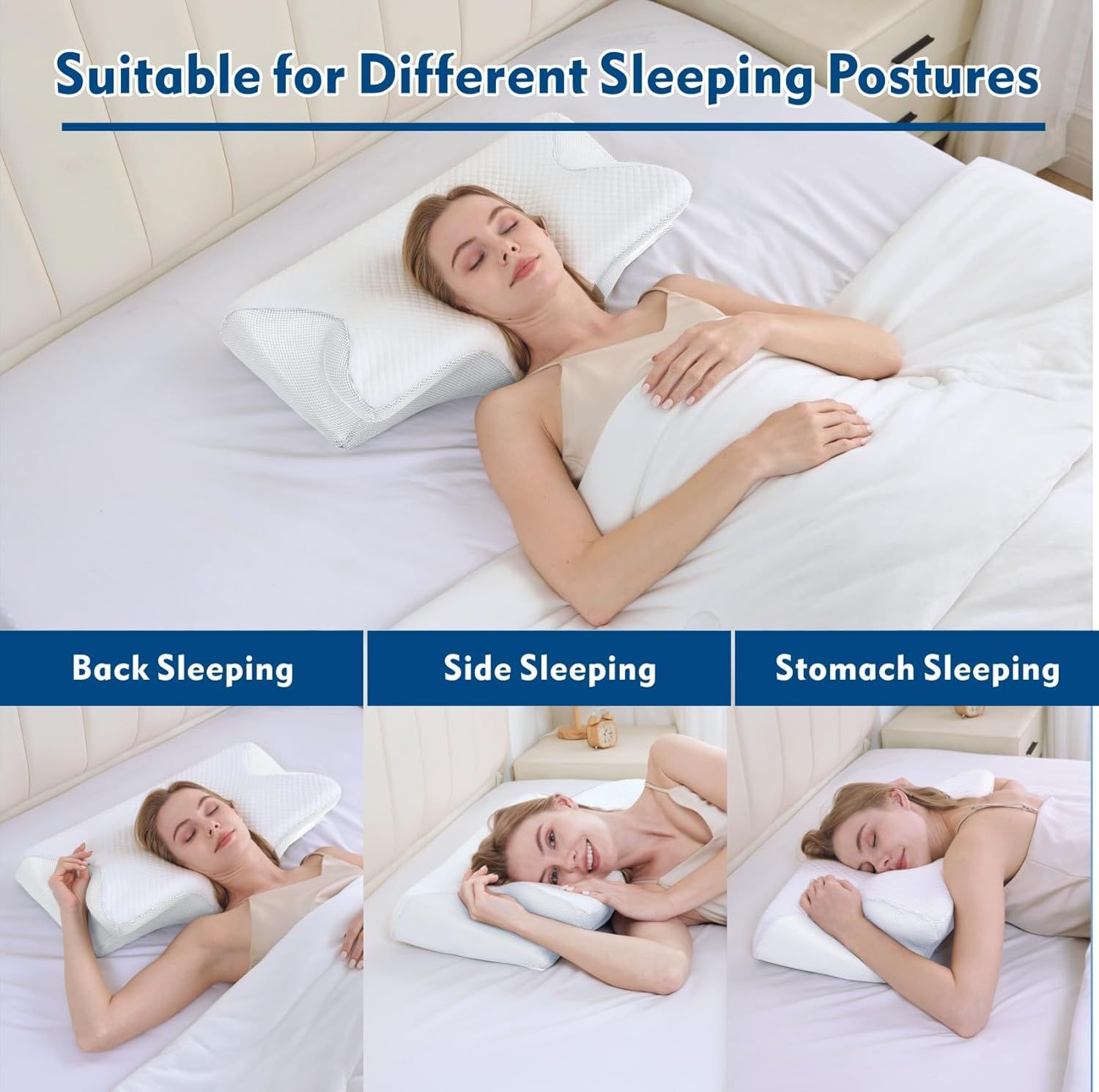 Bamboo Cervical Pillow for Neck and Shoulder Pain Relief Ergonomic Bed Pillow, Cooling Ergonomic Memory Foam Pillow Butterfly Shape for Side Back Stomach Sleeping Use with Breathable Cooling Pillowcase - Image 3