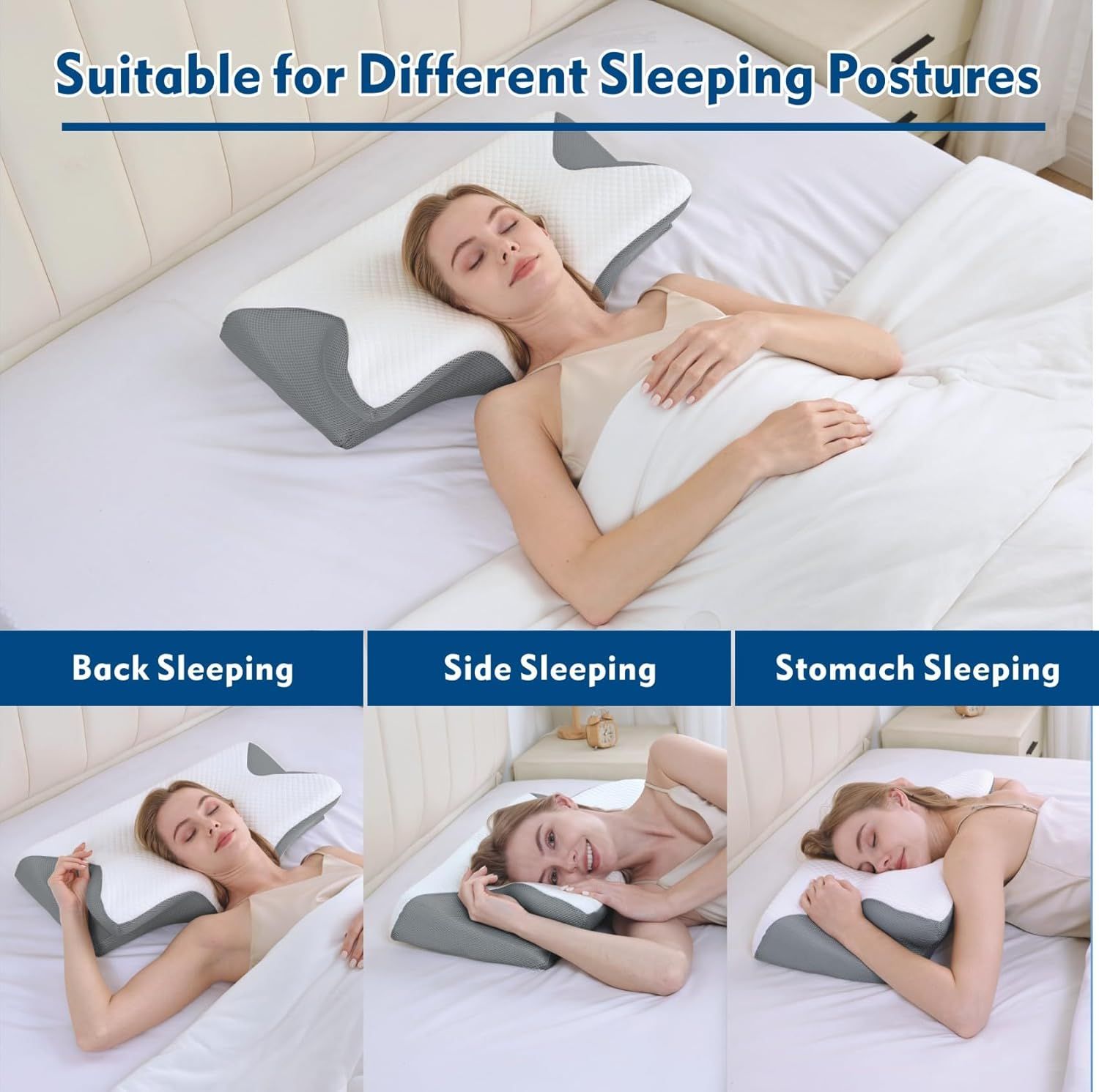 Bamboo Cervical Pillow for Neck and Shoulder Pain Relief Ergonomic Bed Pillow, Cooling Ergonomic Memory Foam Pillow Butterfly Shape for Side Back Stomach Sleeping Use with Breathable Cooling Pillowcase - Image 2