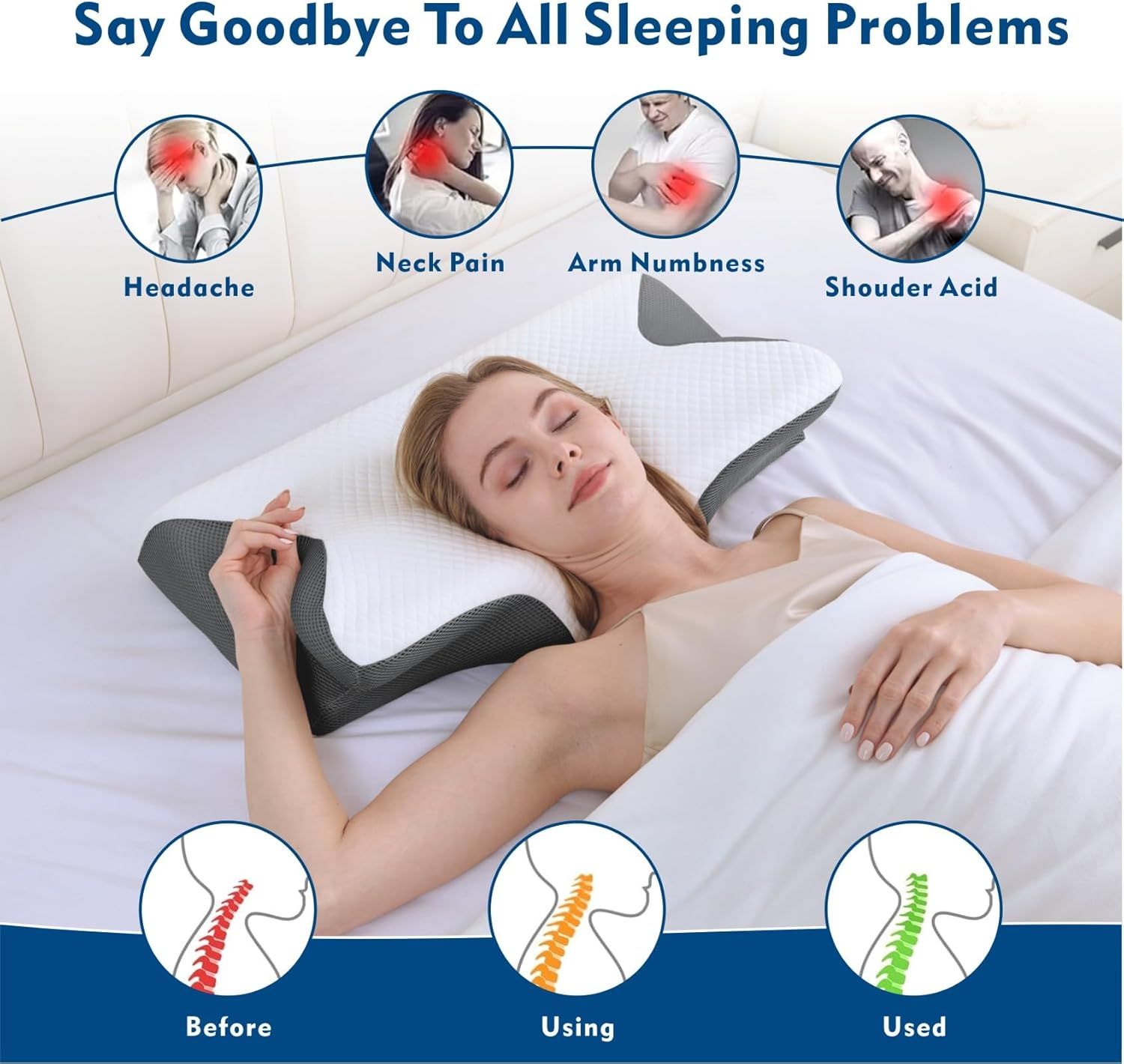 Bamboo Cervical Pillow for Neck and Shoulder Pain Relief Ergonomic Bed Pillow, Cooling Ergonomic Memory Foam Pillow Butterfly Shape for Side Back Stomach Sleeping Use with Breathable Cooling Pillowcase - Image 6
