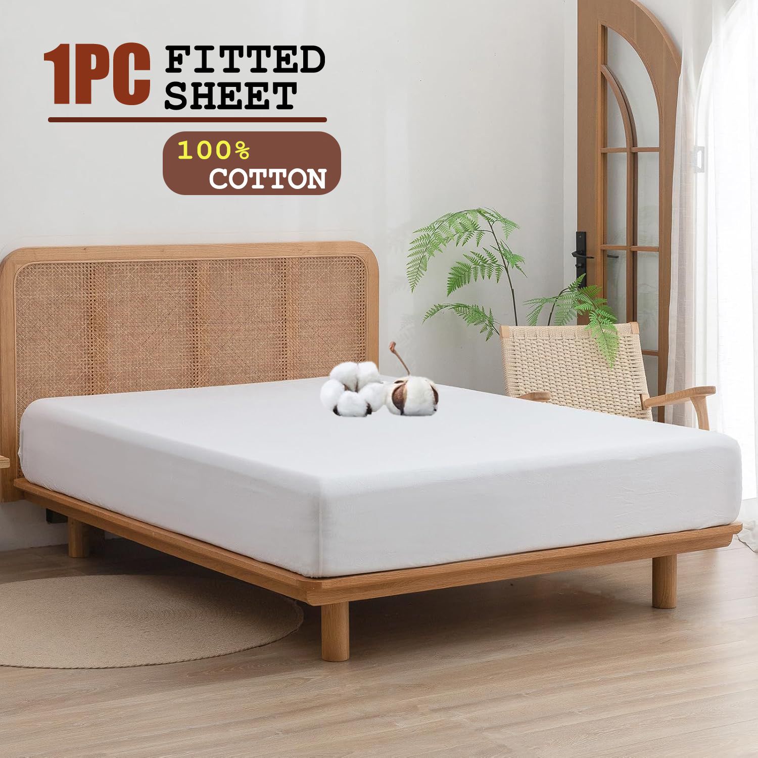100% Cotton Fitted Sheet - Super Soft 40cm Deep Pocket Bottom Sheets - White Elastic Sheet（Double,White) - Image 1