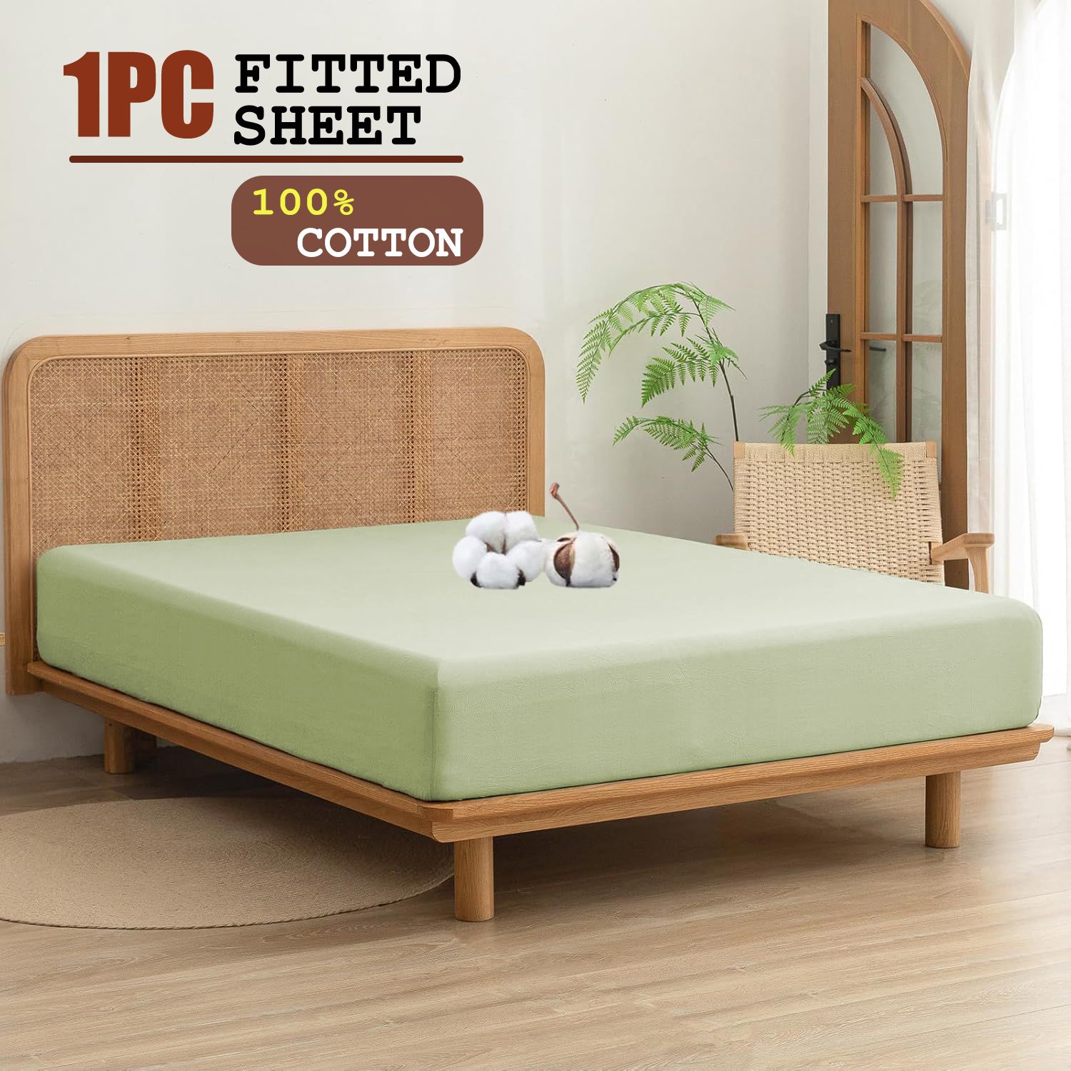 100% Cotton Fitted Sheet - Super Soft 40cm Deep Pocket Bottom Sheets - White Elastic Sheet（Double,Green beans) - Image 1