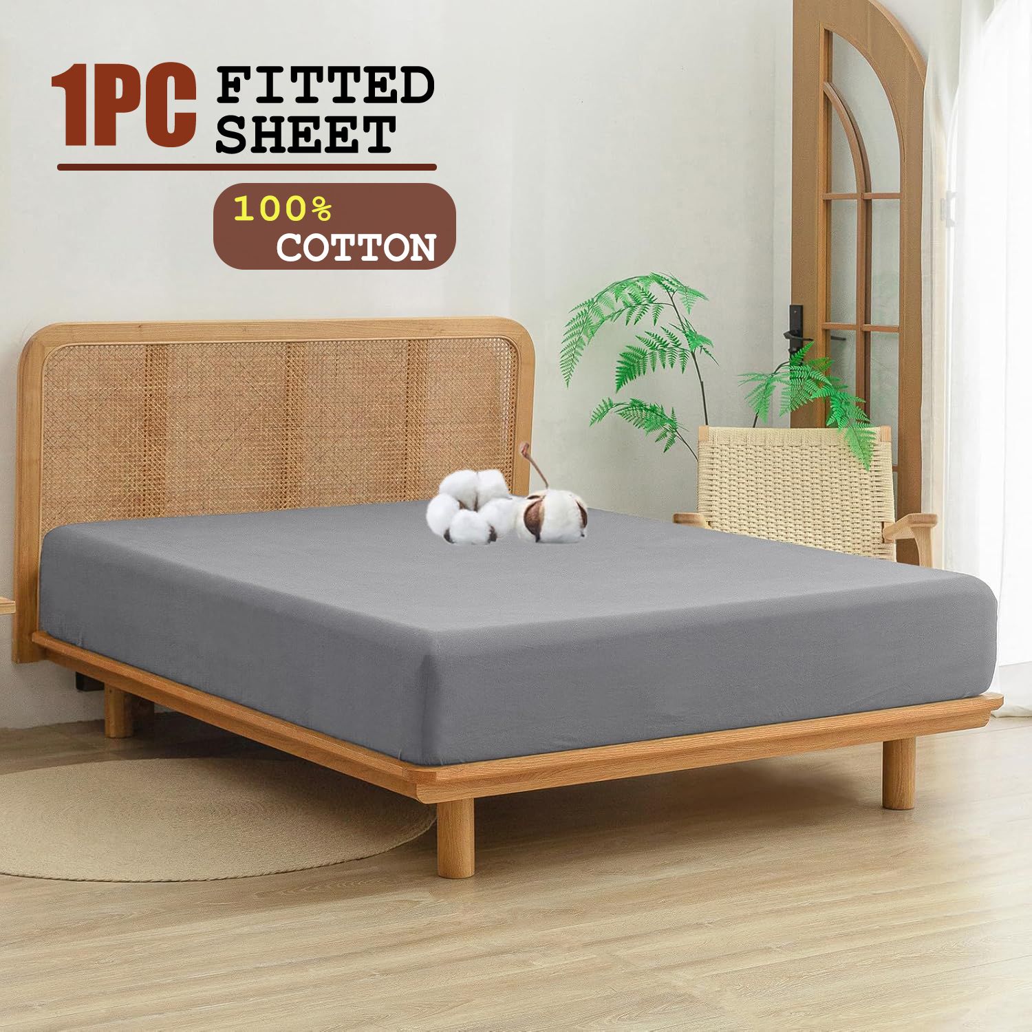 100% Cotton Fitted Sheet - Super Soft 40cm Deep Pocket Bottom Sheets - White Elastic Sheet（King,Grey) - Image 1