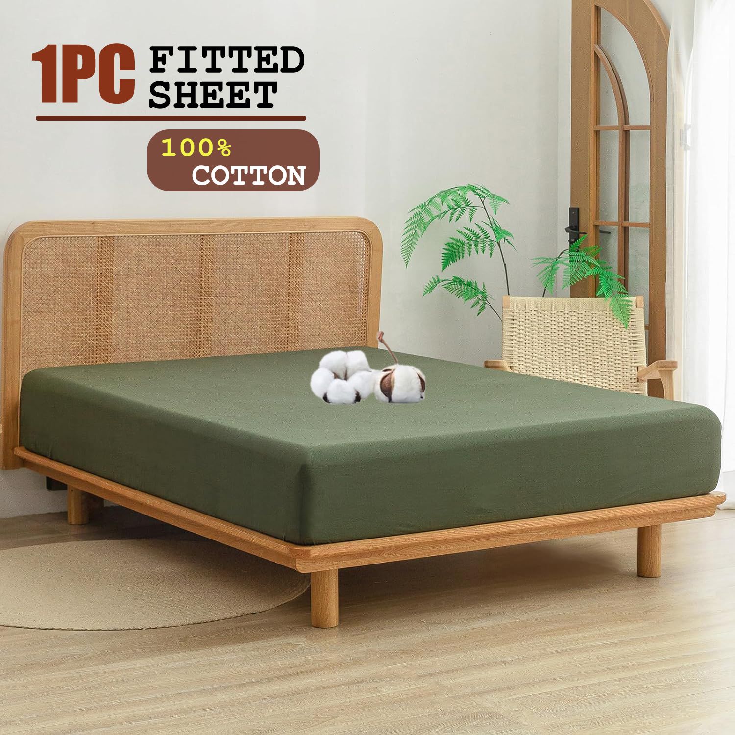 100% Cotton Fitted Sheet - Super Soft 40cm Deep Pocket Bottom Sheets - White Elastic Sheet（Queen,Olive green) - Image 1