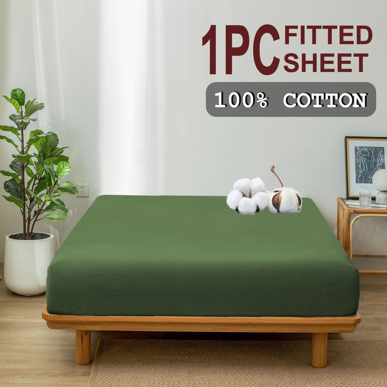 100% Cotton Fitted Sheet - Super Soft 40cm Deep Pocket Bottom Sheets - White Elastic Sheet（Queen,Olive green) - Image 2