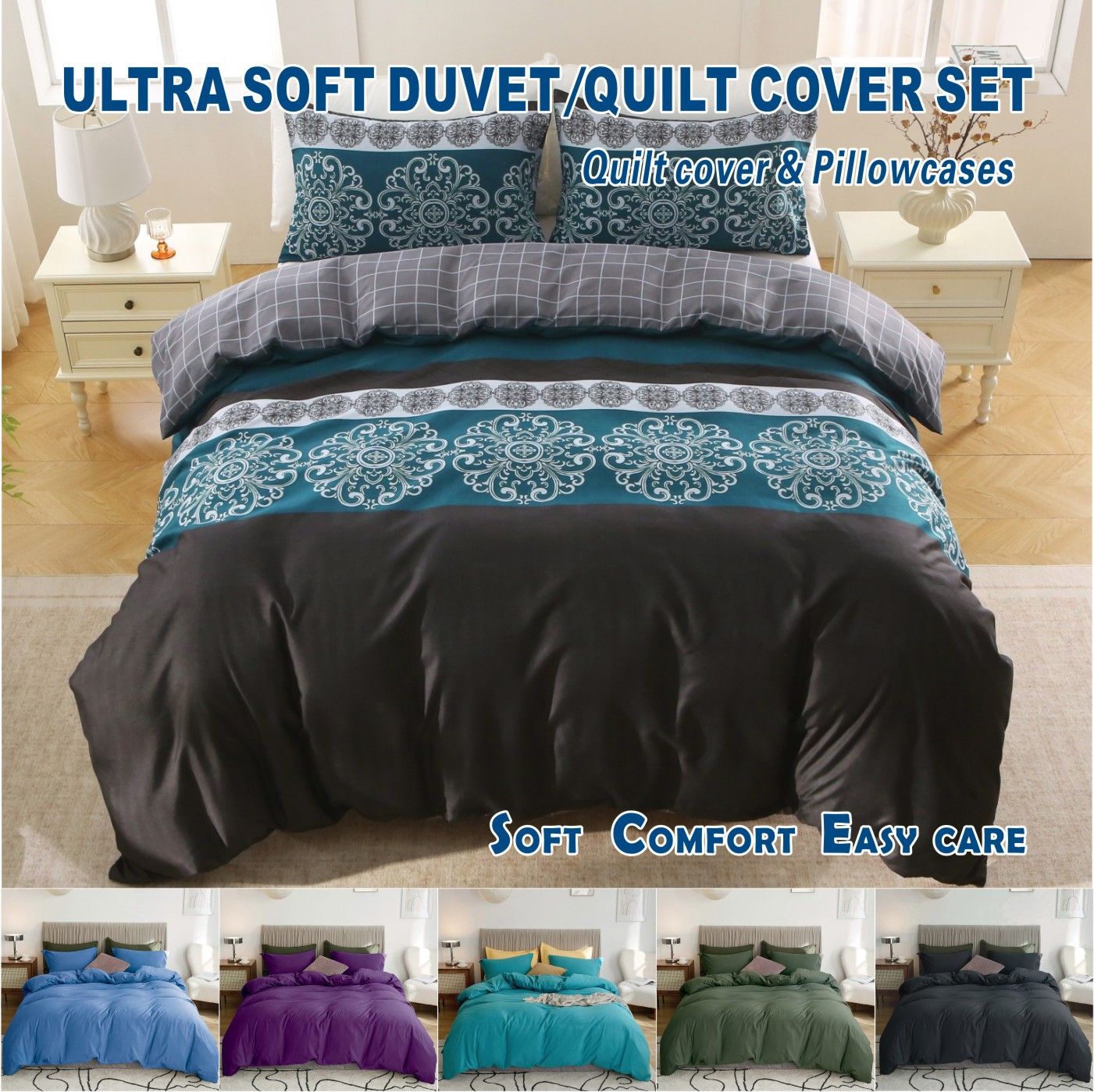 3 Piece Hotel Soft Microfiber Quilt Cover Set-2000TC Duvet/Donna Cover Set & Pillowcases -1 Quilt Cover Zipper Closure & 1 x Pillowcases-Breathable Bedding - Wrinkle, Fade, Stain Resistant(Bohemian,Double) - Image 1