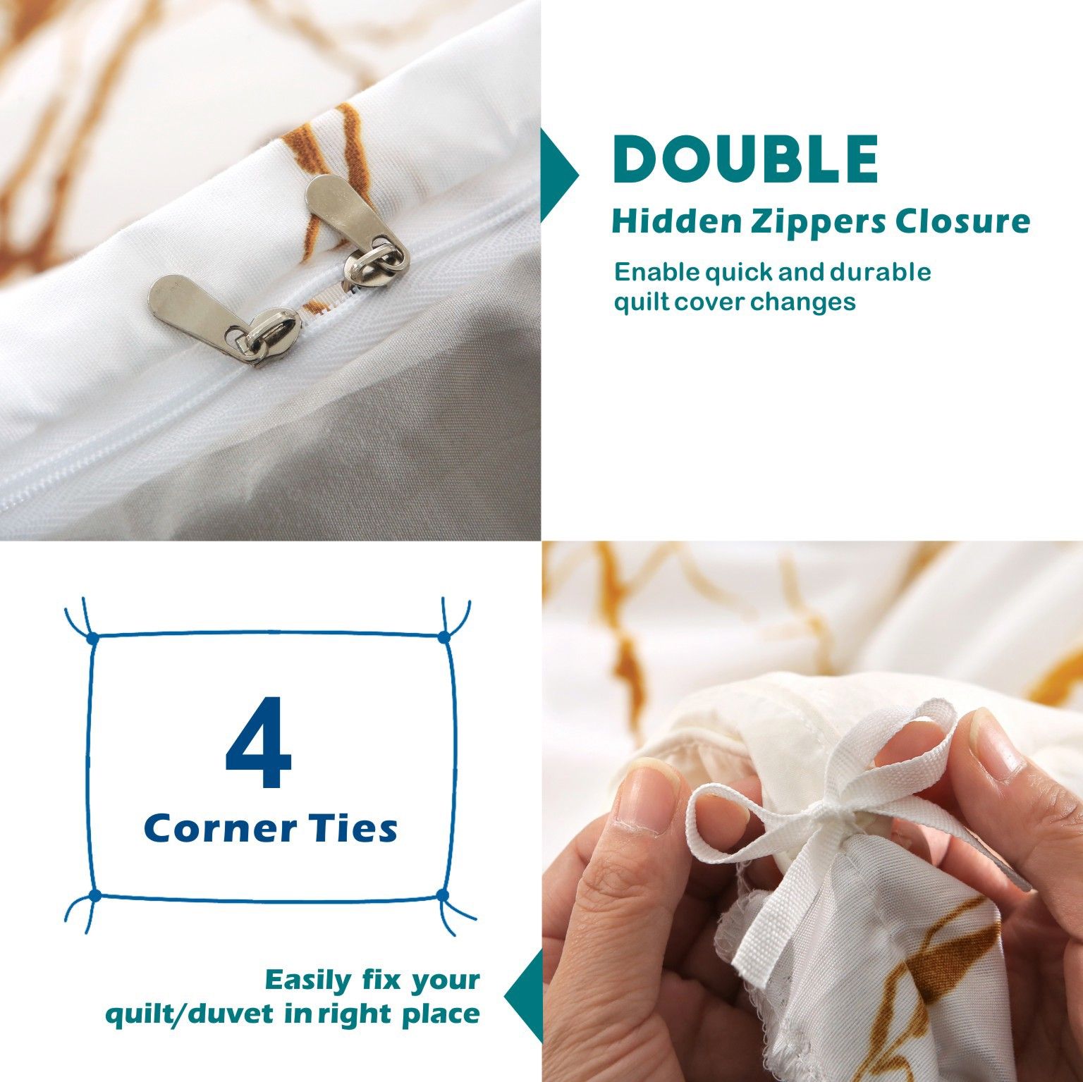 3 Piece Hotel Soft Microfiber Quilt Cover Set-2000TC Duvet/Donna Cover Set & Pillowcases -1 Quilt Cover Zipper Closure & 1 x Pillowcases-Breathable Bedding - Wrinkle, Fade, Stain Resistant(Marble Gleam,Double) - Image 3