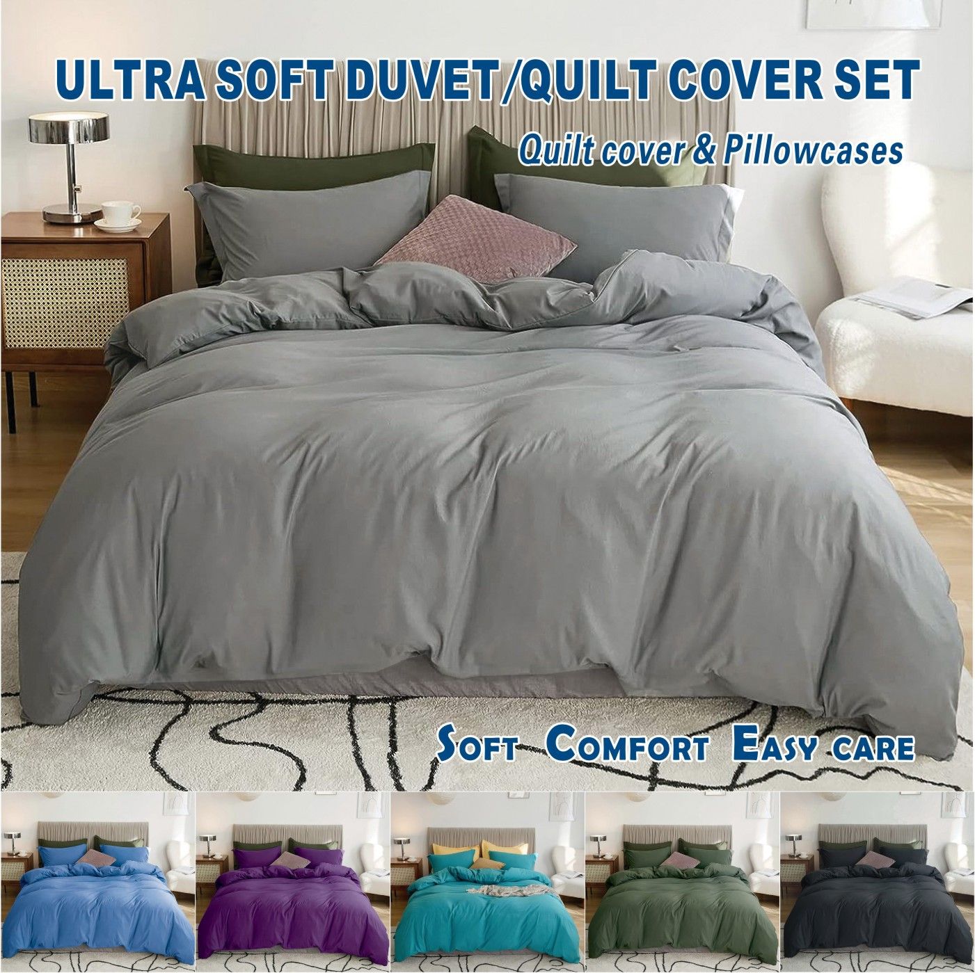 3 Piece Hotel Soft Microfiber Quilt Cover Set-2000TC Duvet/Donna Cover Set & Pillowcases -1 Quilt Cover Zipper Closure & 1 x Pillowcases-Breathable Bedding - Wrinkle, Fade, Stain Resistant(Grey,Double) - Image 1
