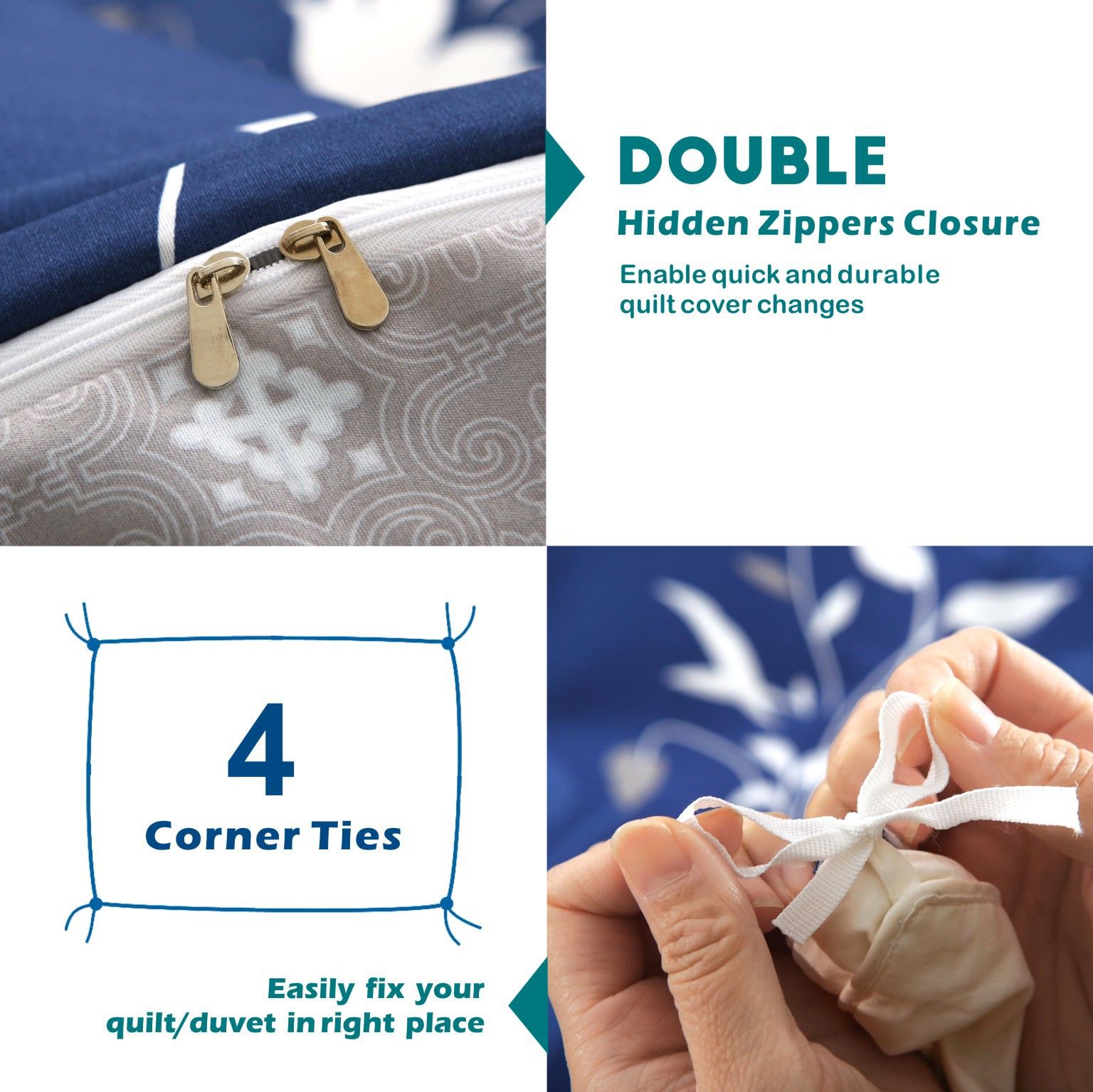 3 Piece Hotel Soft Microfiber Quilt Cover Set-2000TC Duvet/Donna Cover Set & Pillowcases -1 Quilt Cover Zipper Closure & 1 x Pillowcases-Breathable Bedding - Wrinkle, Fade, Stain Resistant(Navy Floral,Double) - Image 3