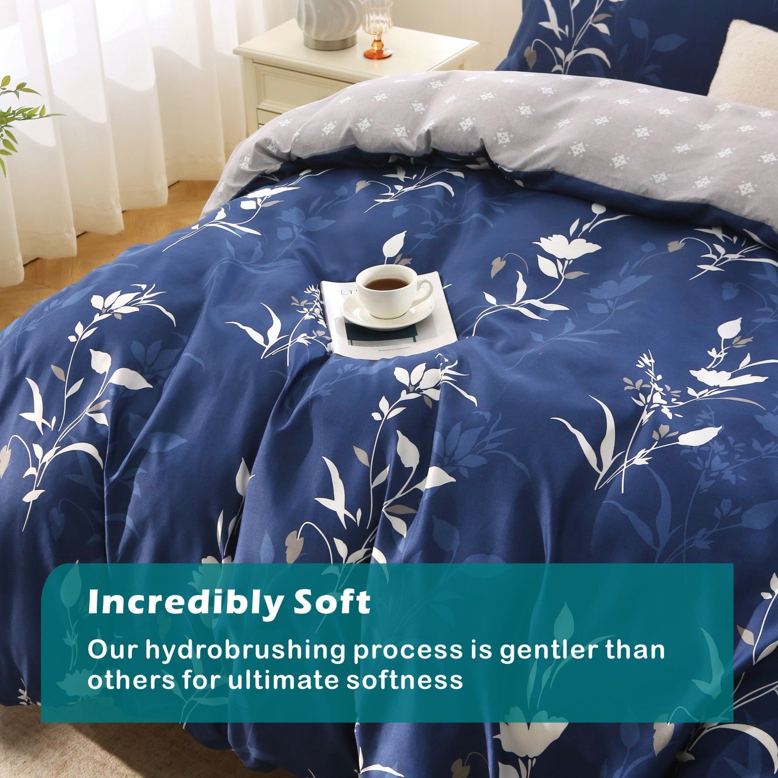 3 Piece Hotel Soft Microfiber Quilt Cover Set-2000TC Duvet/Donna Cover Set & Pillowcases -1 Quilt Cover Zipper Closure & 1 x Pillowcases-Breathable Bedding - Wrinkle, Fade, Stain Resistant(Navy Floral,Double) - Image 4