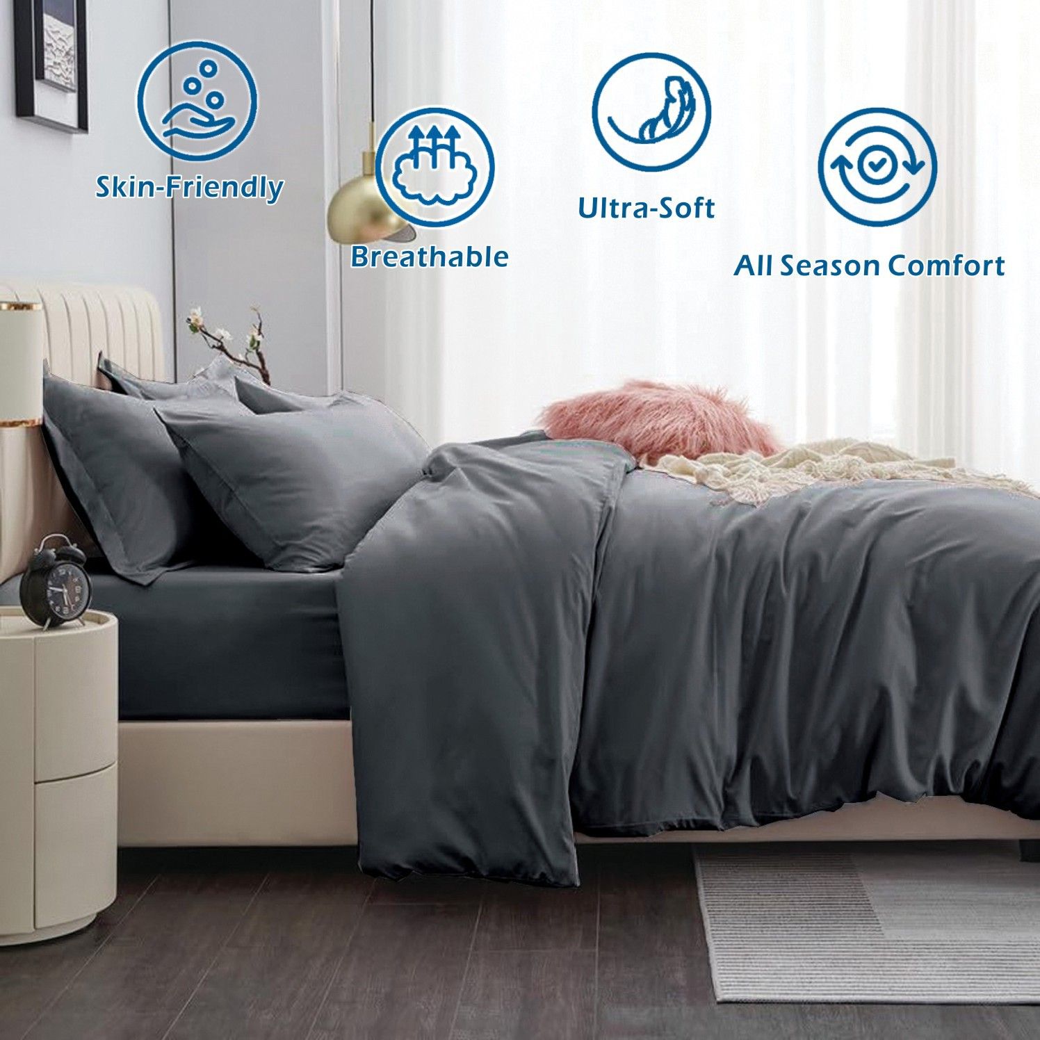 3 Piece Hotel Soft Microfiber Quilt Cover Set-2000TC Duvet/Donna Cover Set & Pillowcases -1 Quilt Cover Zipper Closure & 1 x Pillowcases-Breathable Bedding - Wrinkle, Fade, Stain Resistant(Dark gray,Double) - Image 2