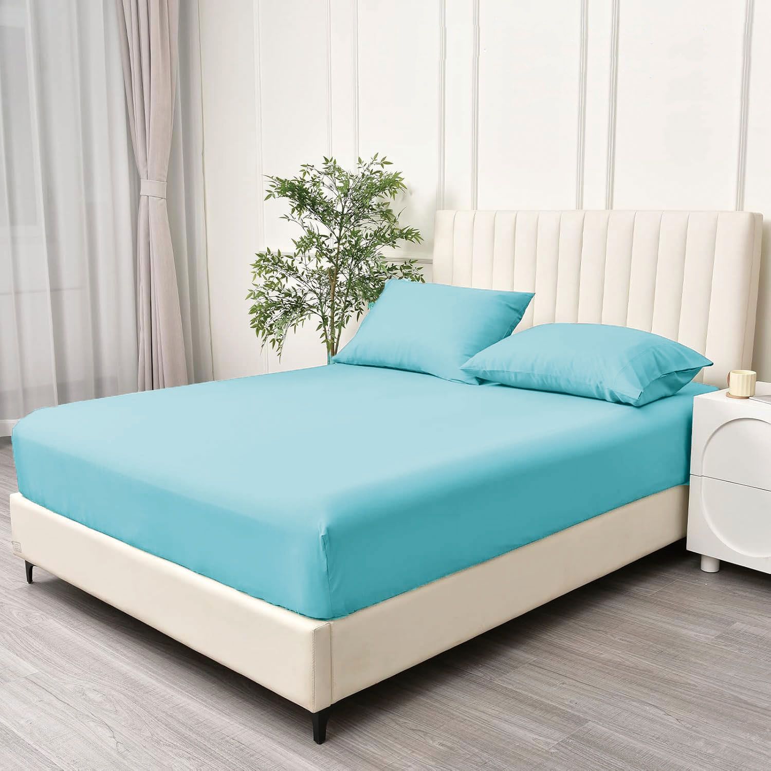 3 Piece Fitted Sheet Set- Fitted Sheet & Pillowcases -Breathable Bedding - Wrinkle, Fade, Stain Resistant- 40cm Deep Pocket Fitted Bed Sheet Set(Ice blue,Double) - Image 1