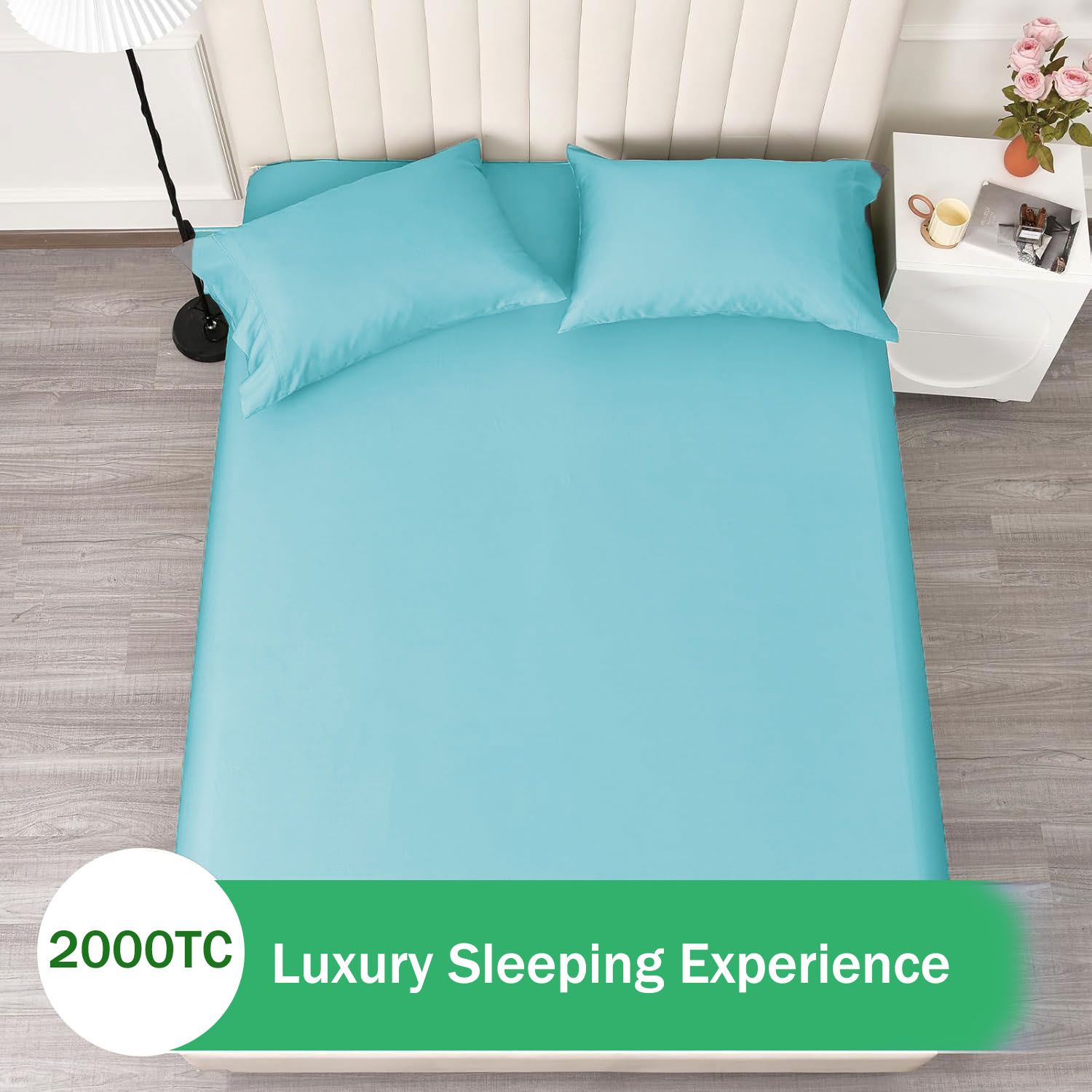 3 Piece Fitted Sheet Set- Fitted Sheet & Pillowcases -Breathable Bedding - Wrinkle, Fade, Stain Resistant- 40cm Deep Pocket Fitted Bed Sheet Set(Ice blue,Double) - Image 4