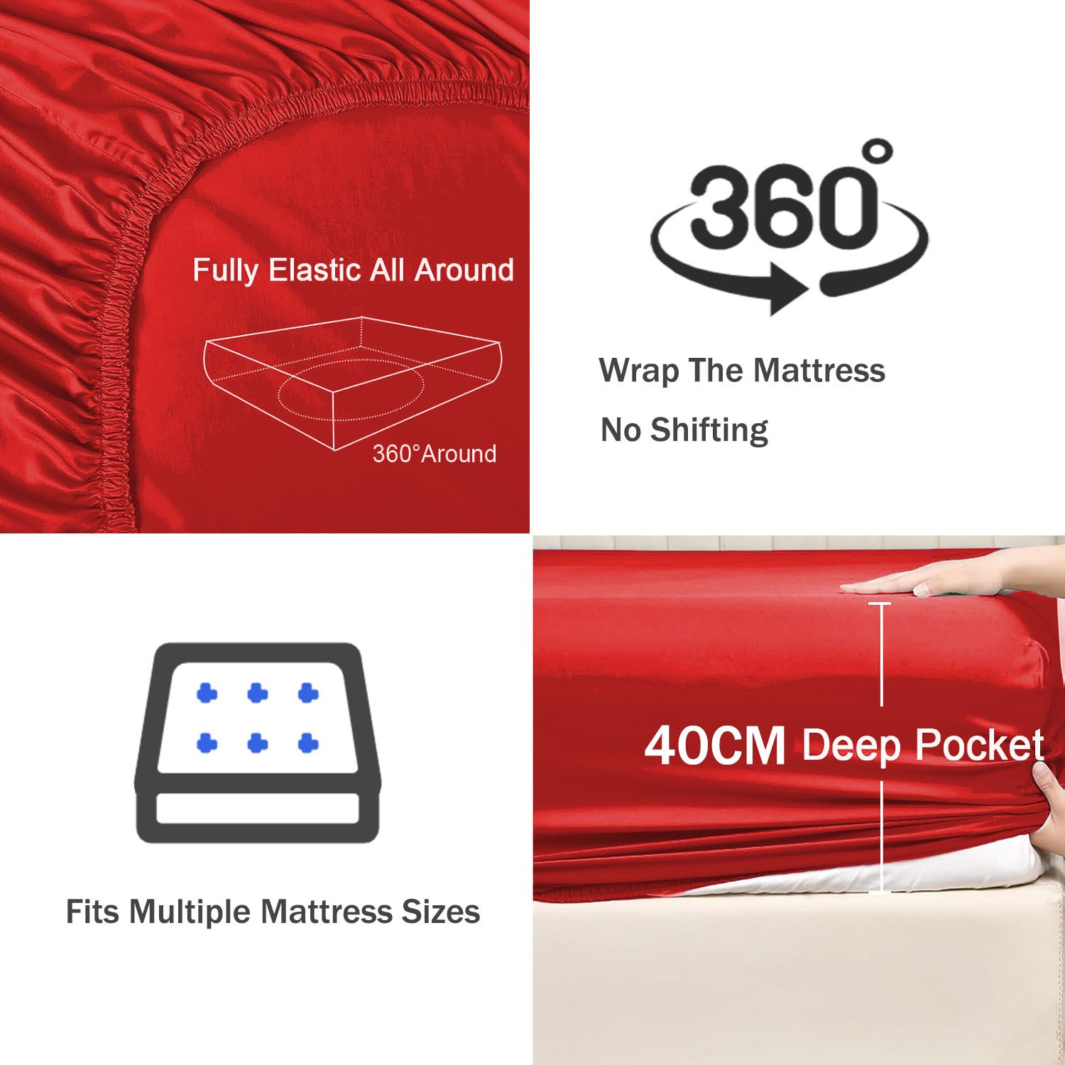 3 Piece Fitted Sheet Set- Fitted Sheet & Pillowcases -Breathable Bedding - Wrinkle, Fade, Stain Resistant- 40cm Deep Pocket Fitted Bed Sheet Set(Red,Double) - Image 3