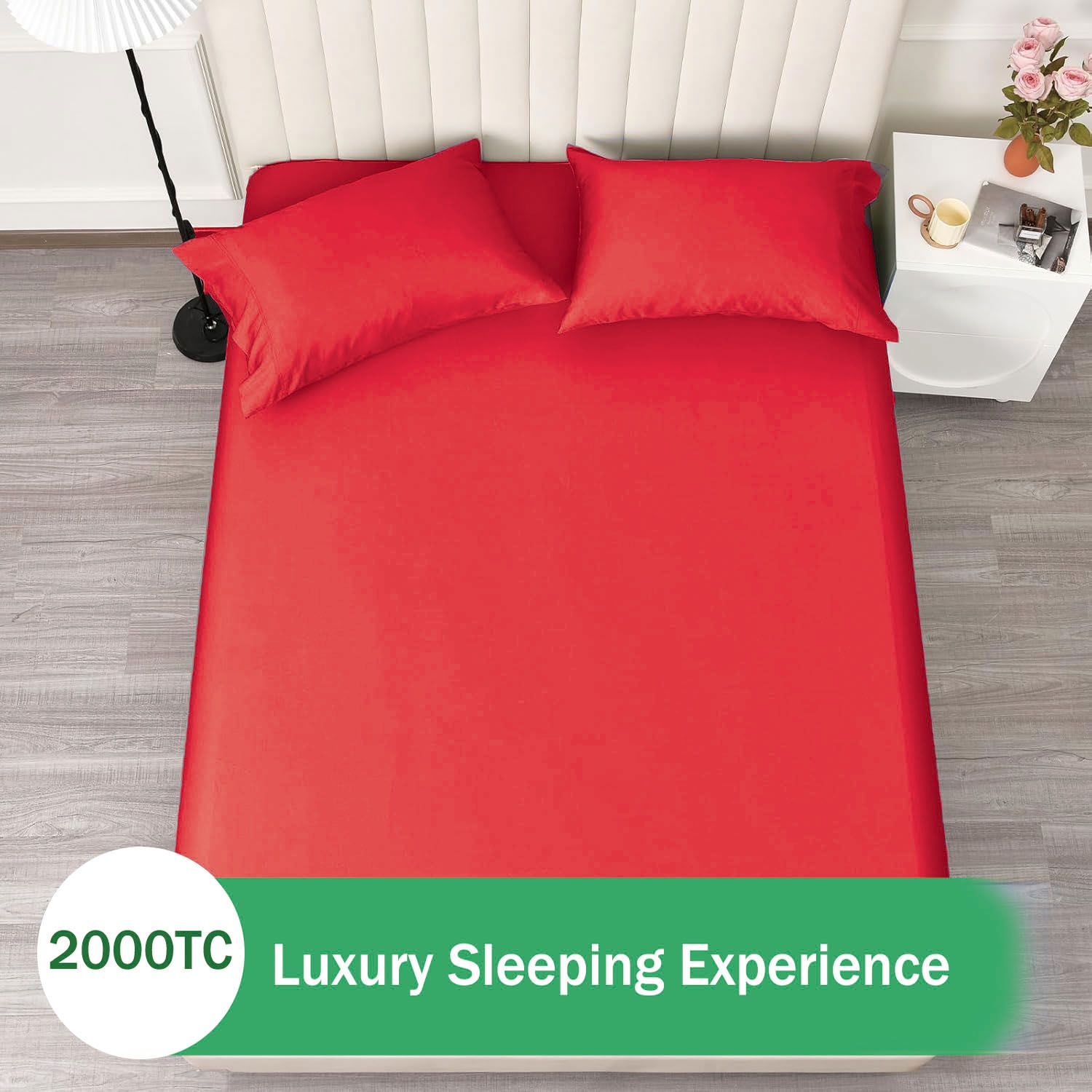 3 Piece Fitted Sheet Set- Fitted Sheet & Pillowcases -Breathable Bedding - Wrinkle, Fade, Stain Resistant- 40cm Deep Pocket Fitted Bed Sheet Set(Red,Double) - Image 4