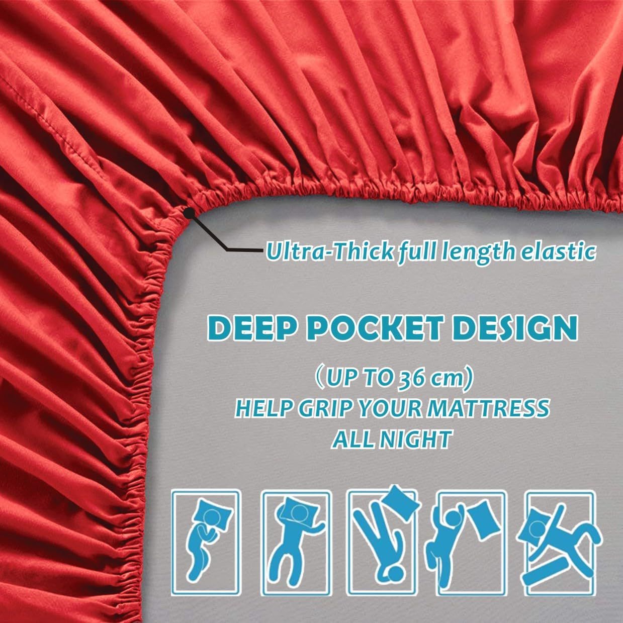 3 Piece Fitted Sheet Set- Fitted Sheet & Pillowcases -Breathable Bedding - Wrinkle, Fade, Stain Resistant- 40cm Deep Pocket Fitted Bed Sheet Set(Red,Double) - Image 6