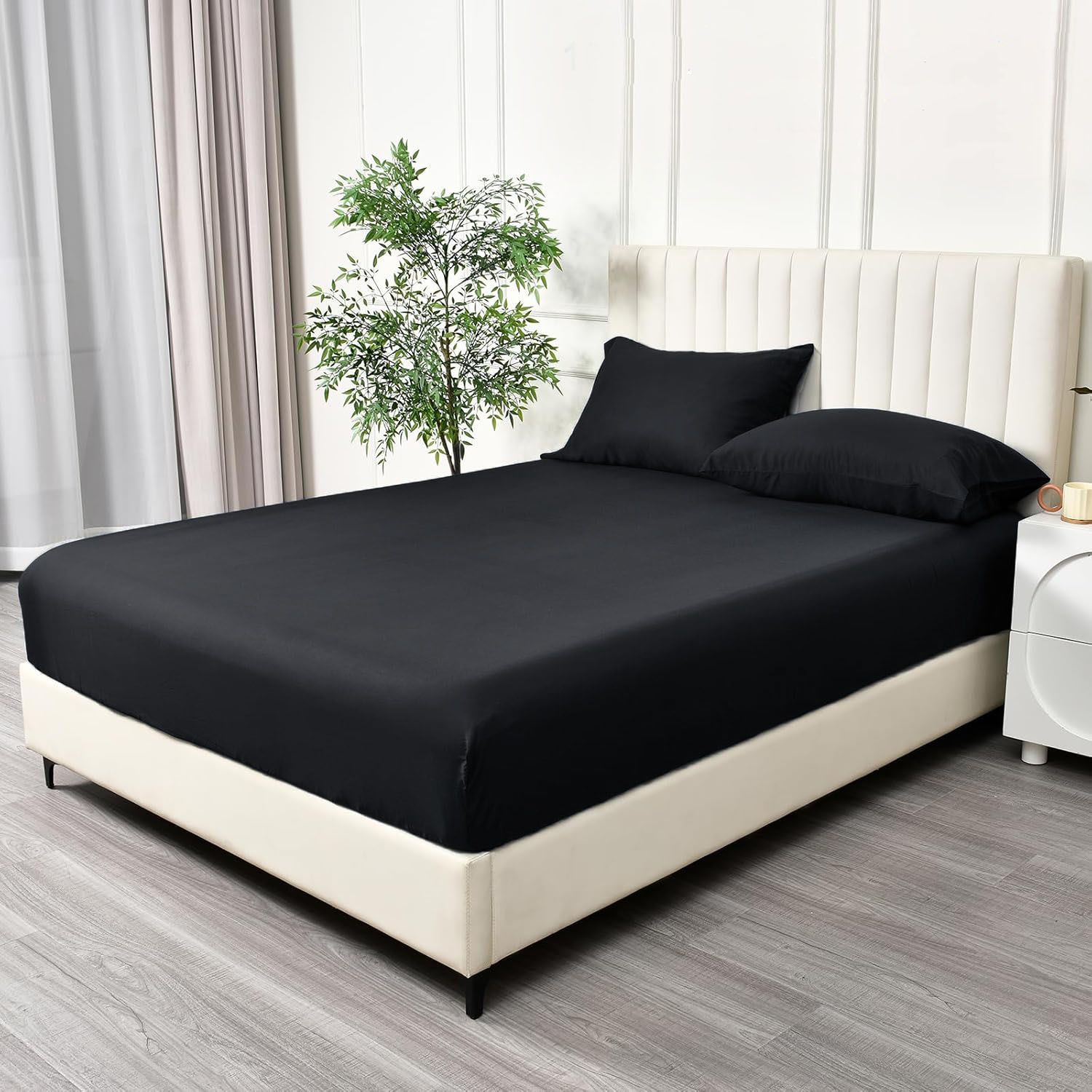 3 Piece Fitted Sheet Set- Fitted Sheet & Pillowcases -Breathable Bedding - Wrinkle, Fade, Stain Resistant- 40cm Deep Pocket Fitted Bed Sheet Set(Black,Double) - Image 2